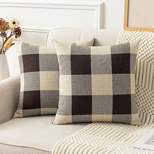 UGASA - Juego de 2 fundas de almohada clásicas a cuadros de lino a cuadros retro, fundas de cojín decorativas para sofá, cama, vacaciones, 24 x 24