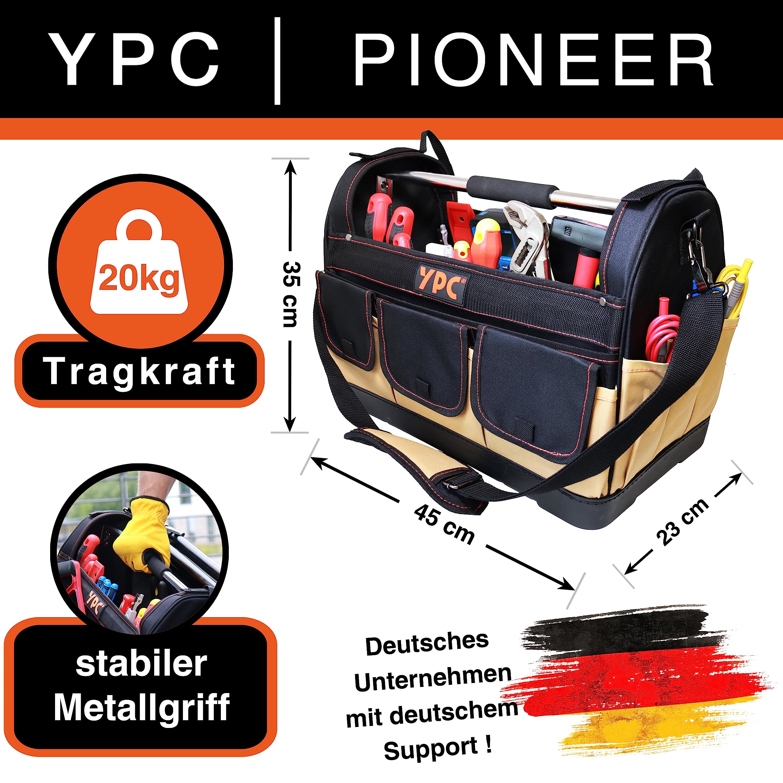 YPC Pioneer – Panier à outils XXL, sable-noir, 45x35x23cm, capacité de charge 20 kg