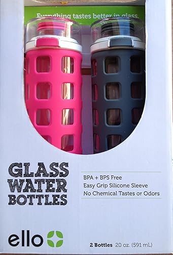 Ello Safe Clean Glass Water Bottles 20 oz Each - Leak Proof with Easy Grip 2 Pack