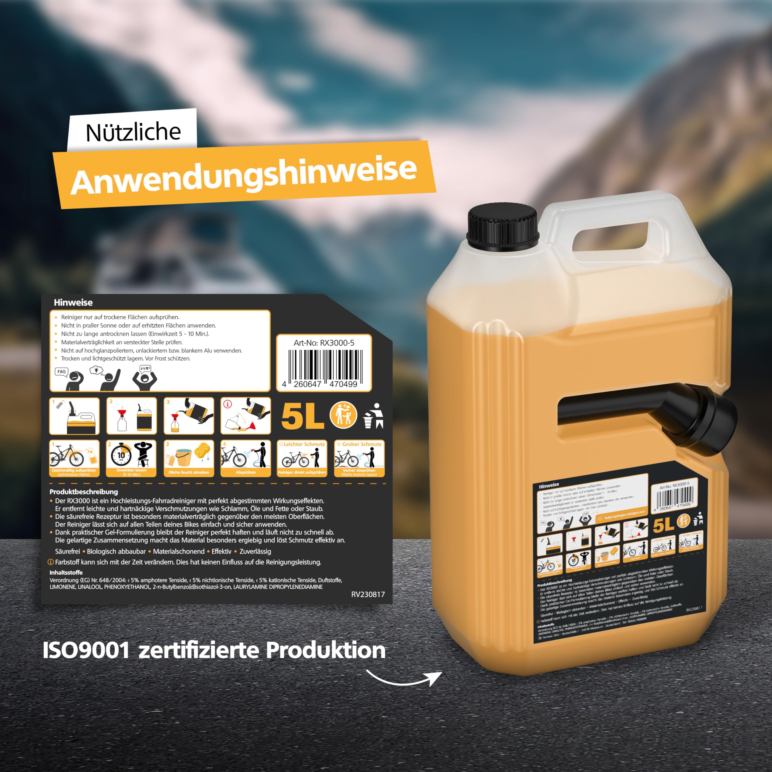 SPRINGER RX3000 – Detergente per bicicletta da 5 l – Detergente per bicicletta senza acidi & delicato sui materiali – Spray completo con formula gel ben adesiva – Cura ottimale della bicicletta di