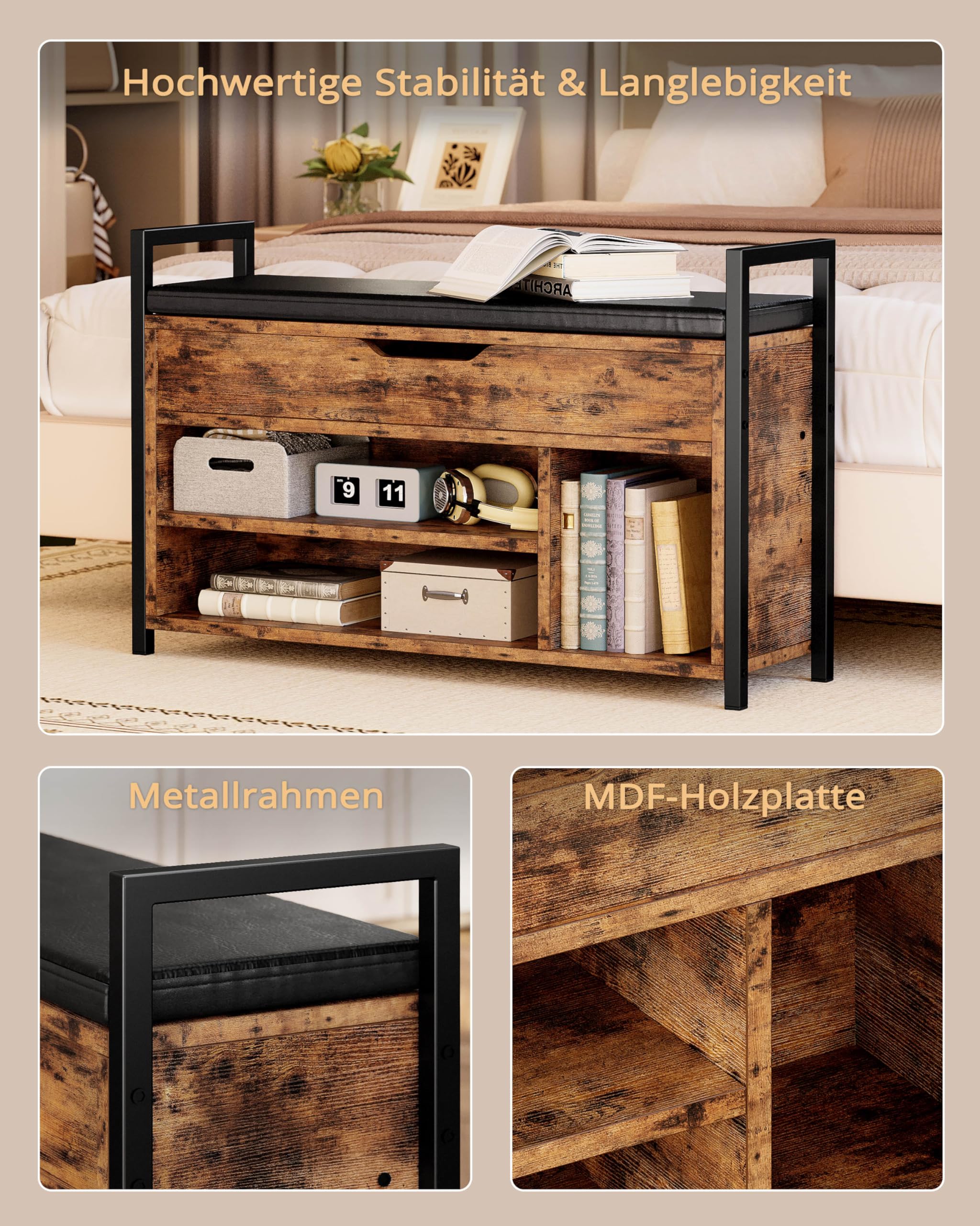 IRONCK Schuhbank mit Sitzfläche, Sitzbank mit Stauraum, Schuhschrank,100x30x62cm, 3 offene Fächer, Kunstleder, 130kg belastbar, Schuhregal für Eingang,Flur,Wohnzimmer,Schlafzimmer (Vintagebraun)