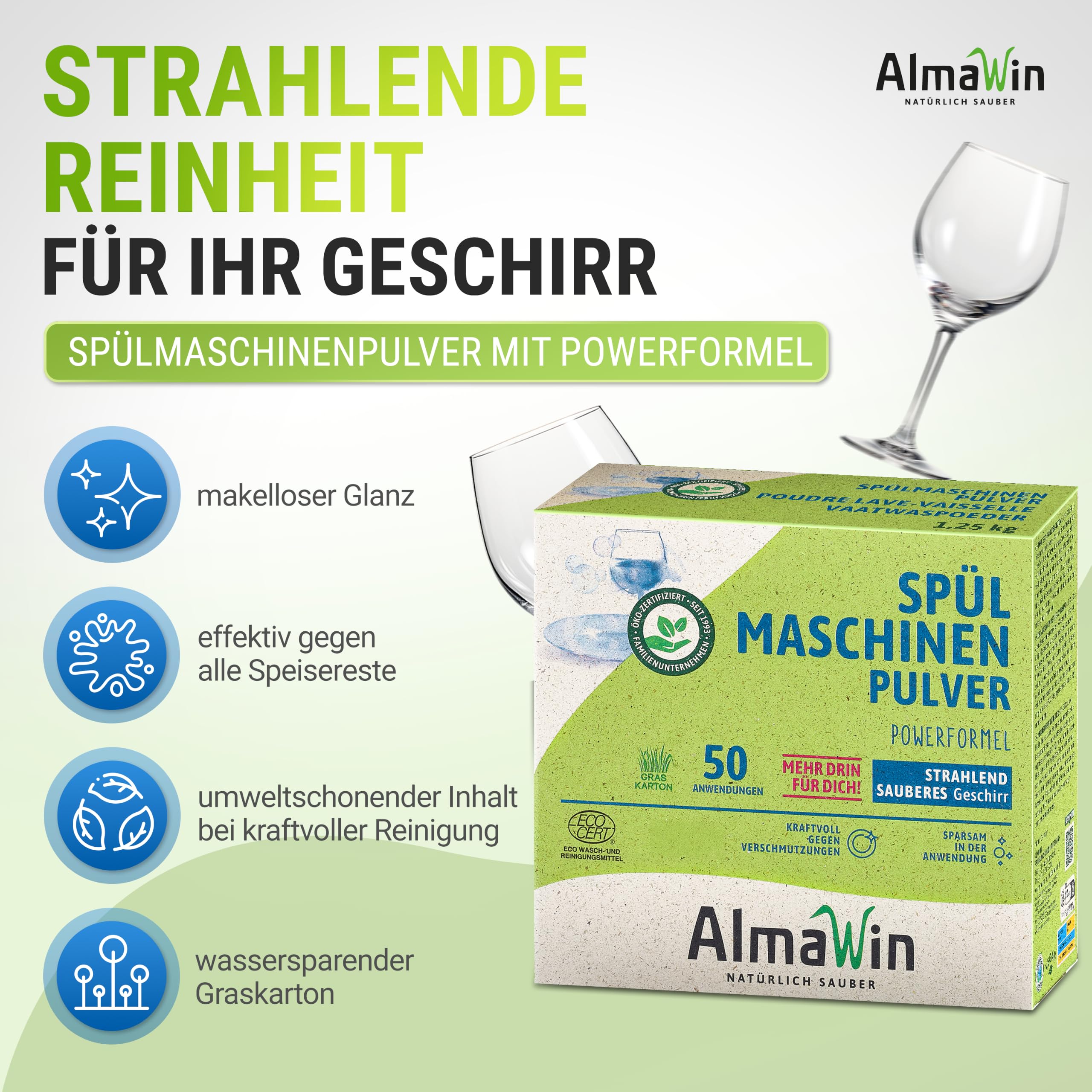 AlmaWin® Spülmaschinen Pulver mit Powerformel für strahlend sauberes Geschirr [6x 1,25kg - 300 Anwendungen] - Kraftvolles Geschirrspülmittel Pulver - Ohne Phosphate, Öko & VEGAN, Dishwasher Powder