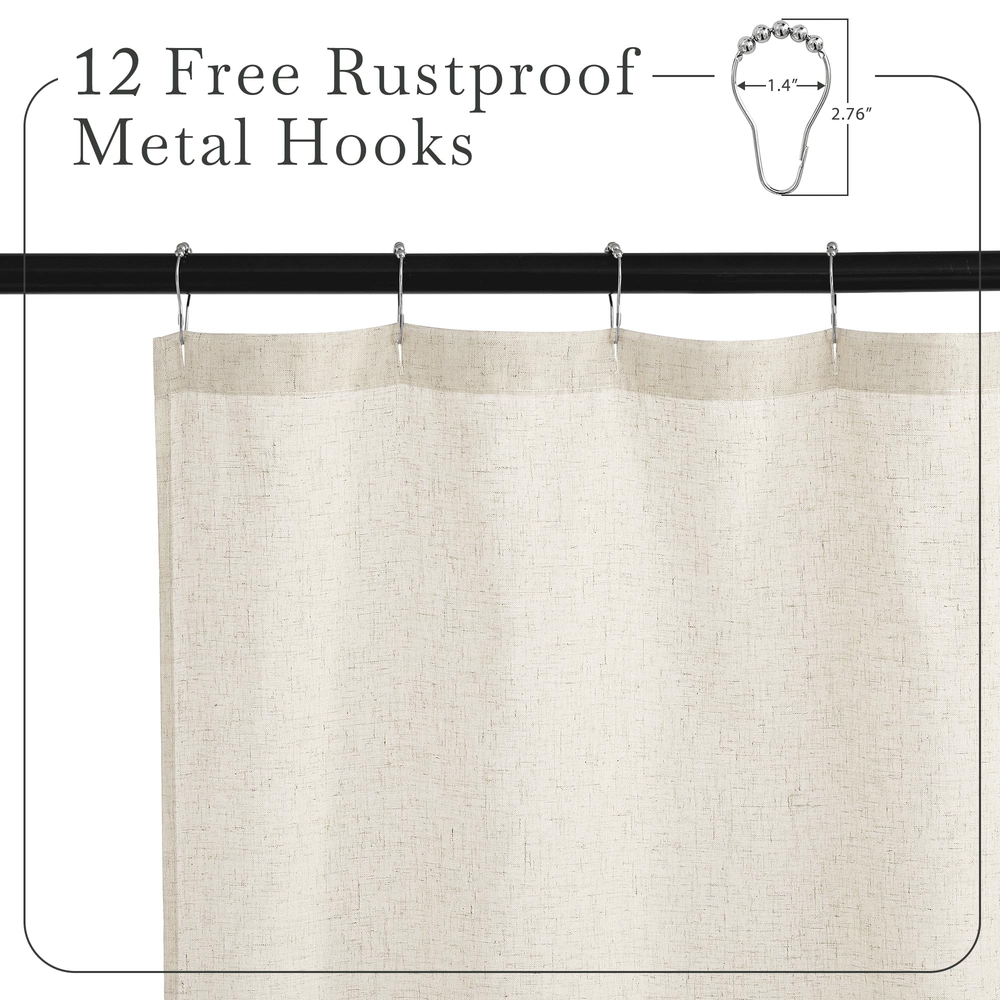 KGORGE Rideau de Douche en Lin Naturel pour Salle de Bain – Rideau de Douche Semi-Transparent et imperméable en Lin mélangé avec Trou de Bouton pour Baignoire, 182,9 x 243,8 cm de Long, Crochets