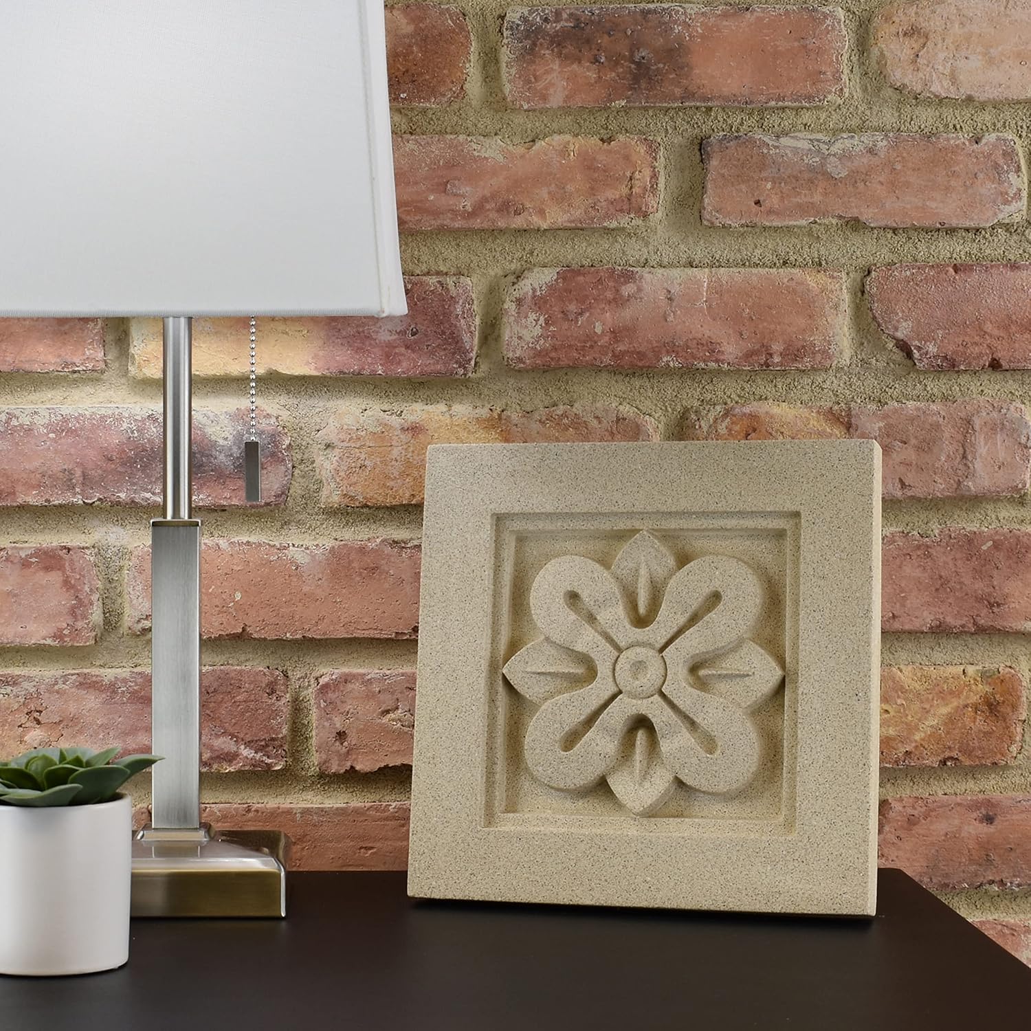 Sculpted Architectural Bas Relief 3D Tile Plaque Ornament, Solid Cast Stone, Rosetta Design, 9.5"x9.5" for Wall Hanging or Tabletop Display (Buff with Keyhole)