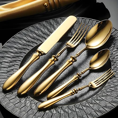 Miniatura 8 de Juego de cubiertos de 50 piezas de acero inoxidable vintage europeo para 10, mango ergonómico cómodo, pulido, apto para lavavajillas, juego de