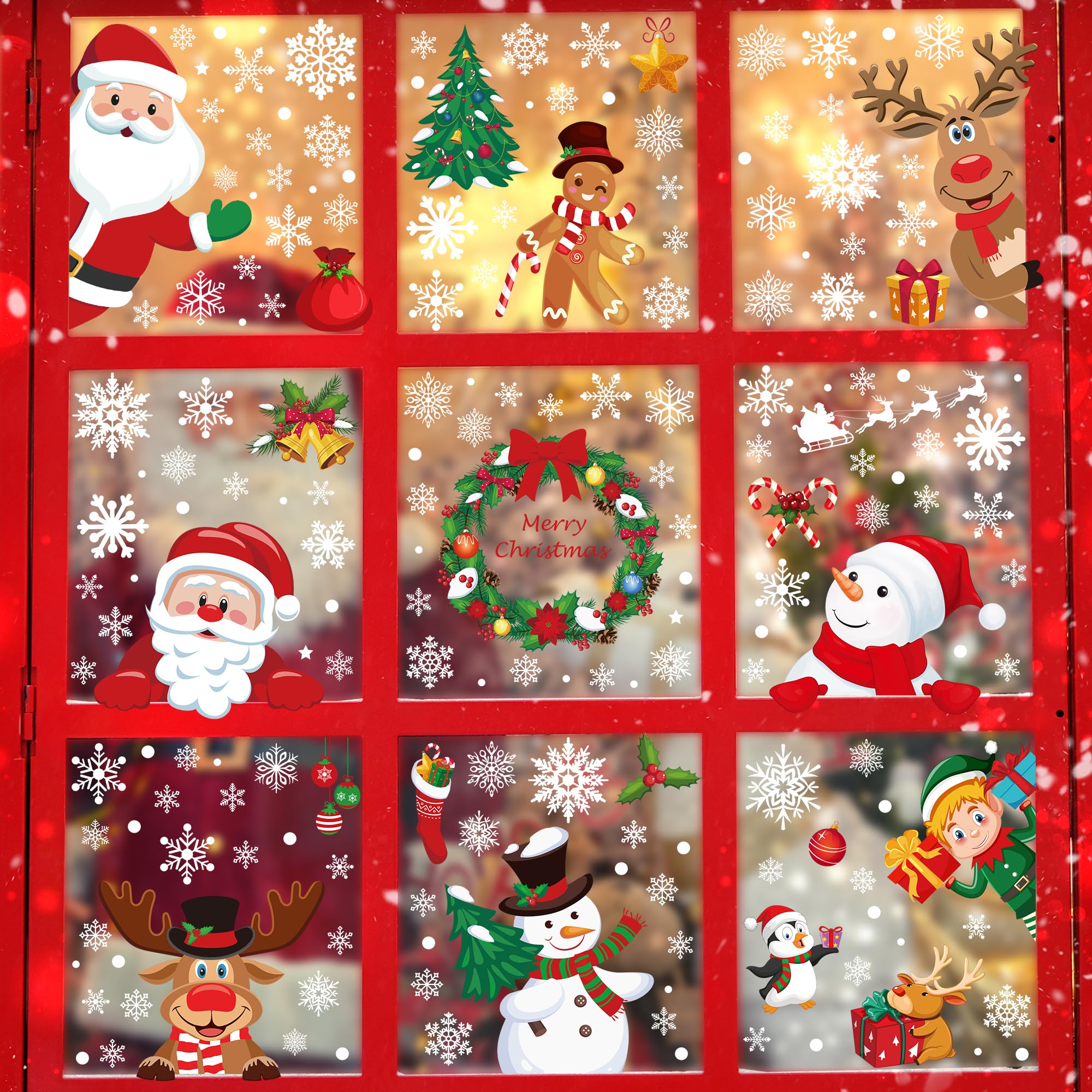 186PCS Christmas Decor, Christmas Window Clings, 9 Sheets Snowflake Window Stickers Decals with Santa Claus Snowman Reindeer, PVC Xmas Decorations Clings for Holiday Party Decorations Accessories