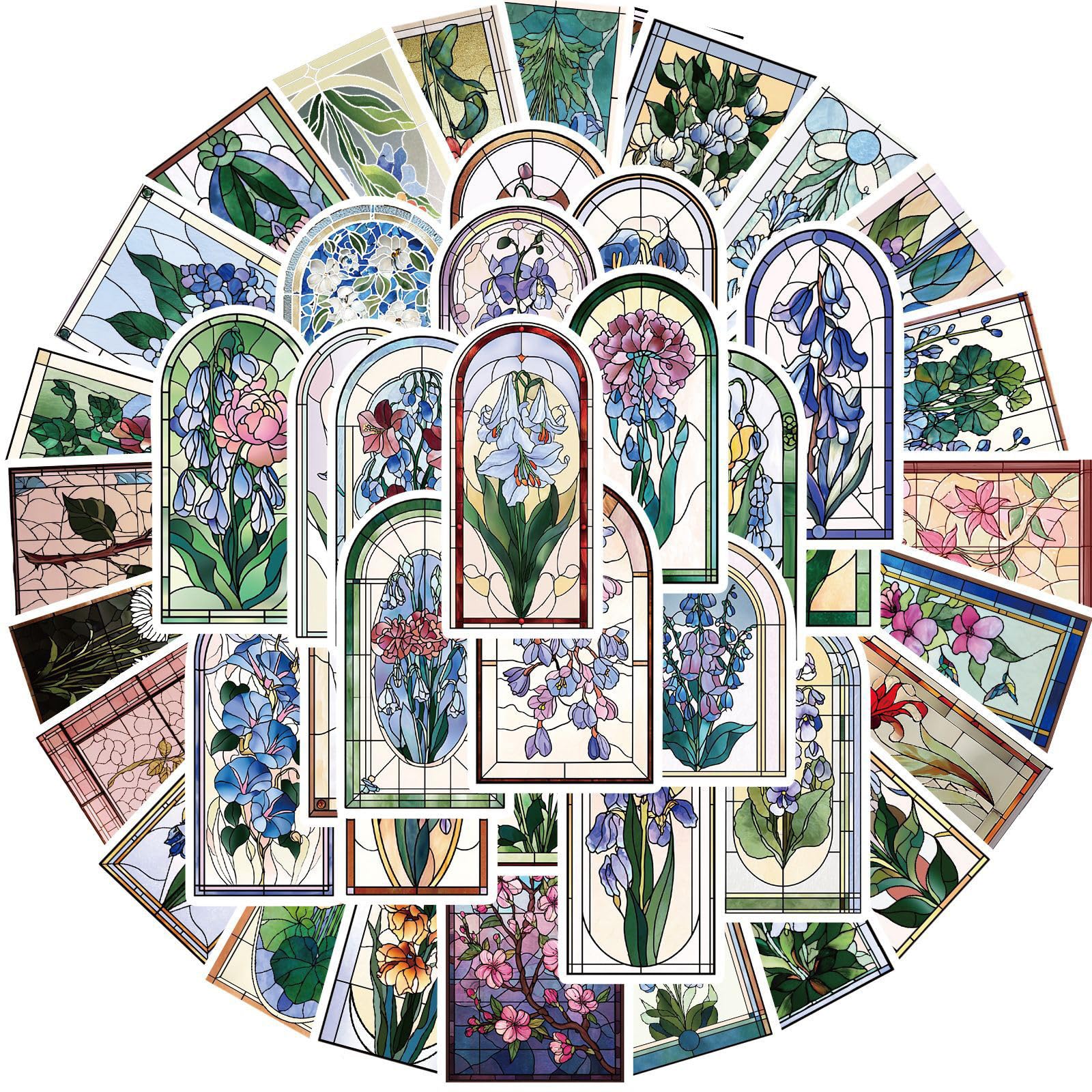 50Pcs Antique Stained Glass Window Sticker Scrapbooking Sticker for Notebook Journal Album Phone Cover Luggage Laptop Decorative Scrapbook Transfers