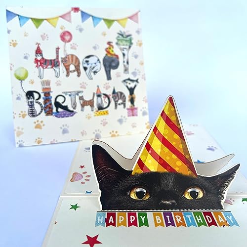 Miniatura 2 de DongNaiWin Tarjeta de cumpleaños para amantes de los gatos negros, tarjeta desplegable 3D de gato negro con sobre, felicitación de feliz cumpleaños