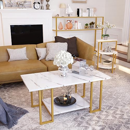 Miniatura 6 de Lamerge Juego de 3 mesas de sala de estar, mesa auxiliar de mármol sintético y mesa auxiliar de 3 niveles y mesas consola, juego de mesa moderno con