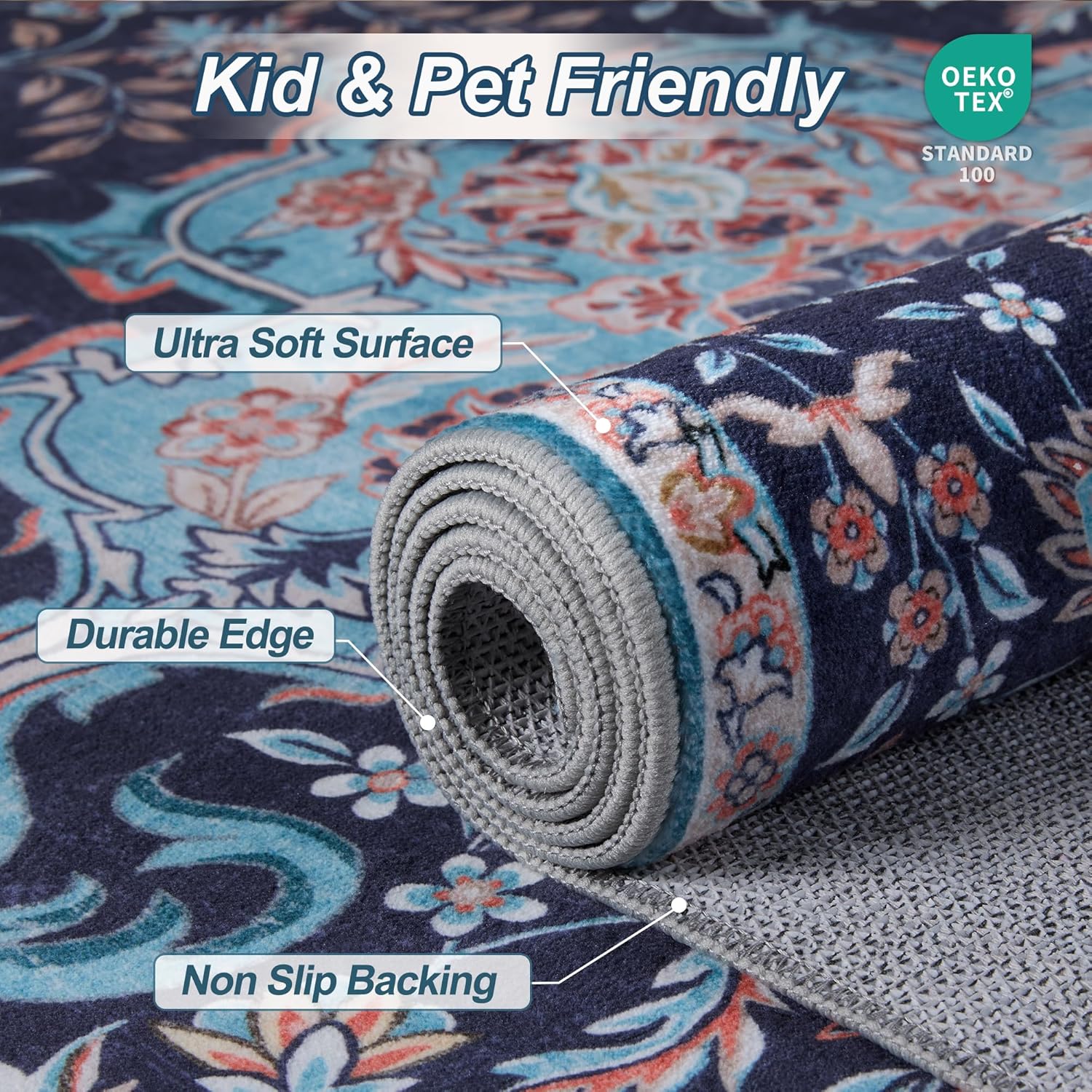 Ciicool 3x5 Washable Blue Rug Boho Floral Non-Slip Bedroom Rugs for Entryway Throw Rug Soft Low-Pile Indoor Floor Carpet for Living Room Laundry Foyer Decor