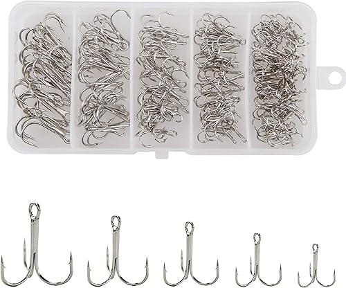 Miniatura 7 de Juego de 150 ganchos agudos negros, juego de 150 anzuelos de pesca agudos afilados de acero de alto carbono, clásico redondo curvado, triple juego