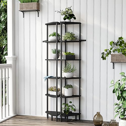 Miniatura 7 de Estante esquinero de 6 niveles, estante de pie de 66.5 pulgadas de alto, estante de exhibición estrecho, estantería de esquina moderna, soporte para