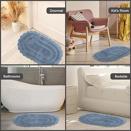 Miniatura 7 de Chardin home Alfombra de baño de ganchillo azul provincial, 100 % algodón, ovalada con borde de ganchillo hecho a mano, 21 x 34 pulgadas, alfombra
