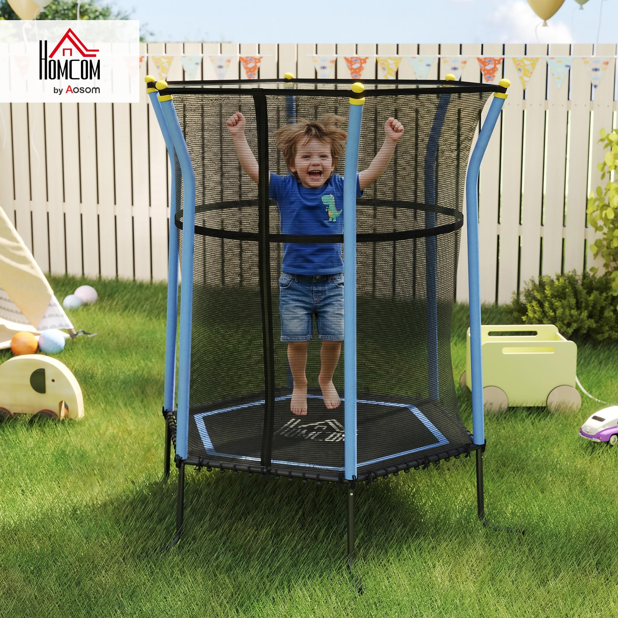 HOMCOM Cama Elástica Infantil de Jardín 122x111x190 cm Trampolín para Niños de +3 Años con Red de Seguridad Marco de Acero y sin Muelles para Interior Exterior Carga 50 kg