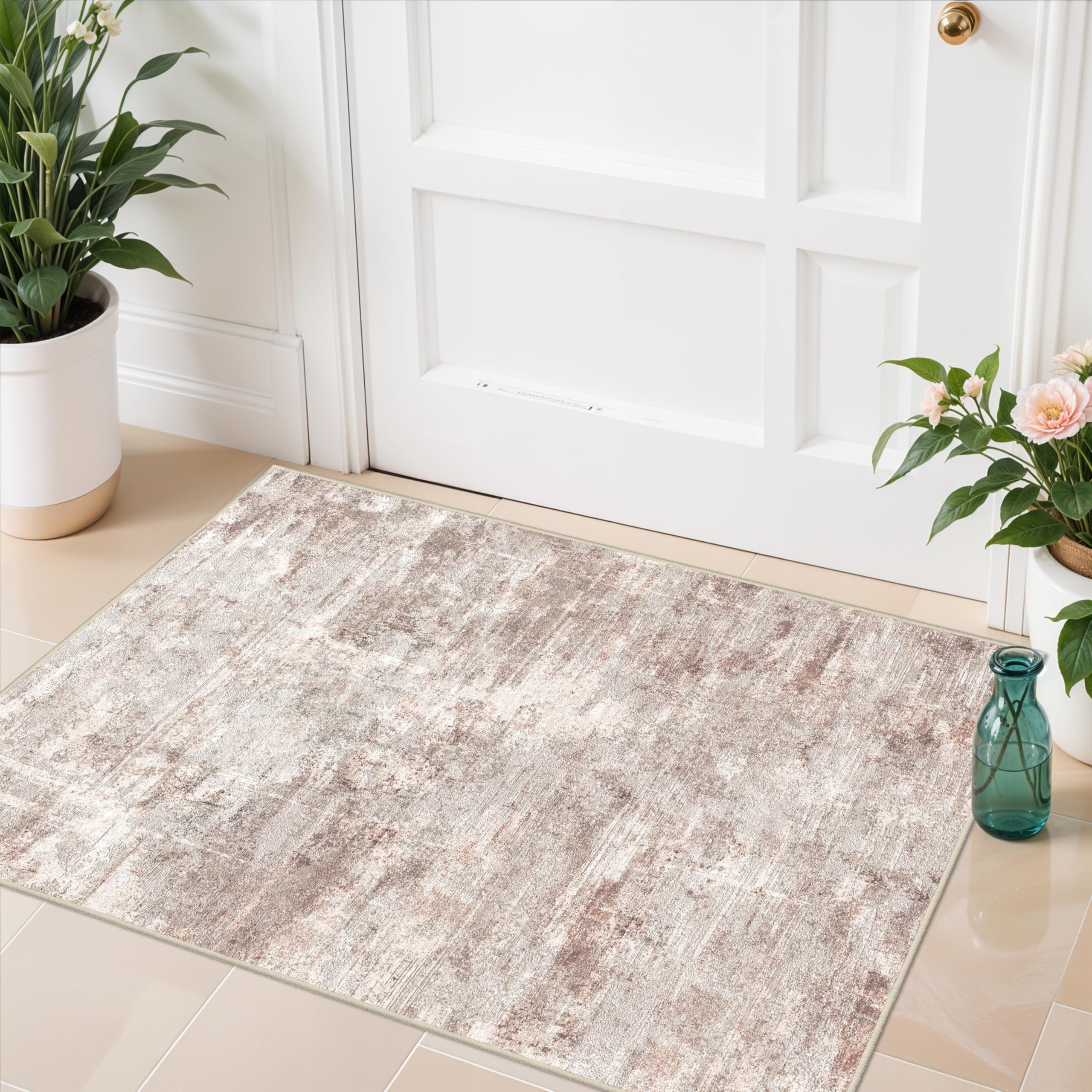 View 1 of 2x3 Rug Ultra Soft Abstract Rug - Area Rug Stain Resistant for Living Room Non Slip Indoor Entryway Rubber Backing Carpet Bedroom Kitchen Distressed Floor Decor Mat 2X3Brick/Brown/Beige