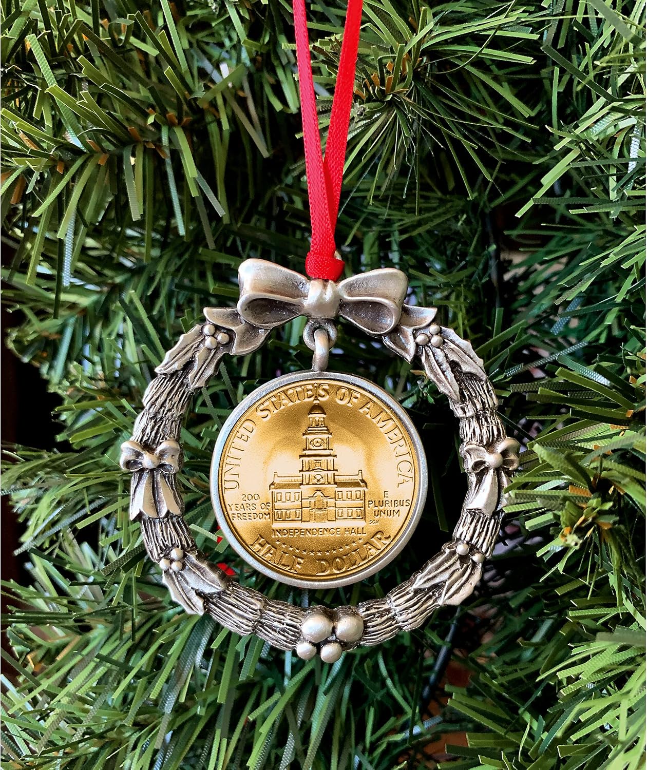 Coin Wreath Silvertone Pewter Ornament | JFK Half Dollar Layered in Gold | Red Ribbon | Certificate of Authenticity