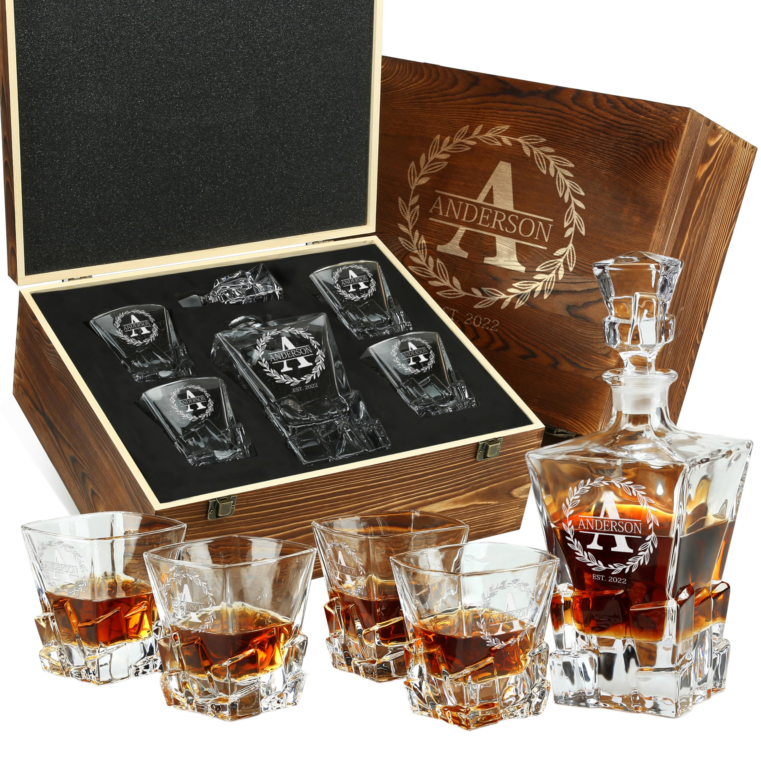 Personalized Whiskey Decanter and Glasses Set - Customized Gift for Him - Men, Dad, Father, Brother, Son - Engraved Rocks Whiskey Decanter, 4 XL Glasses in Premium Wooden Gift Box