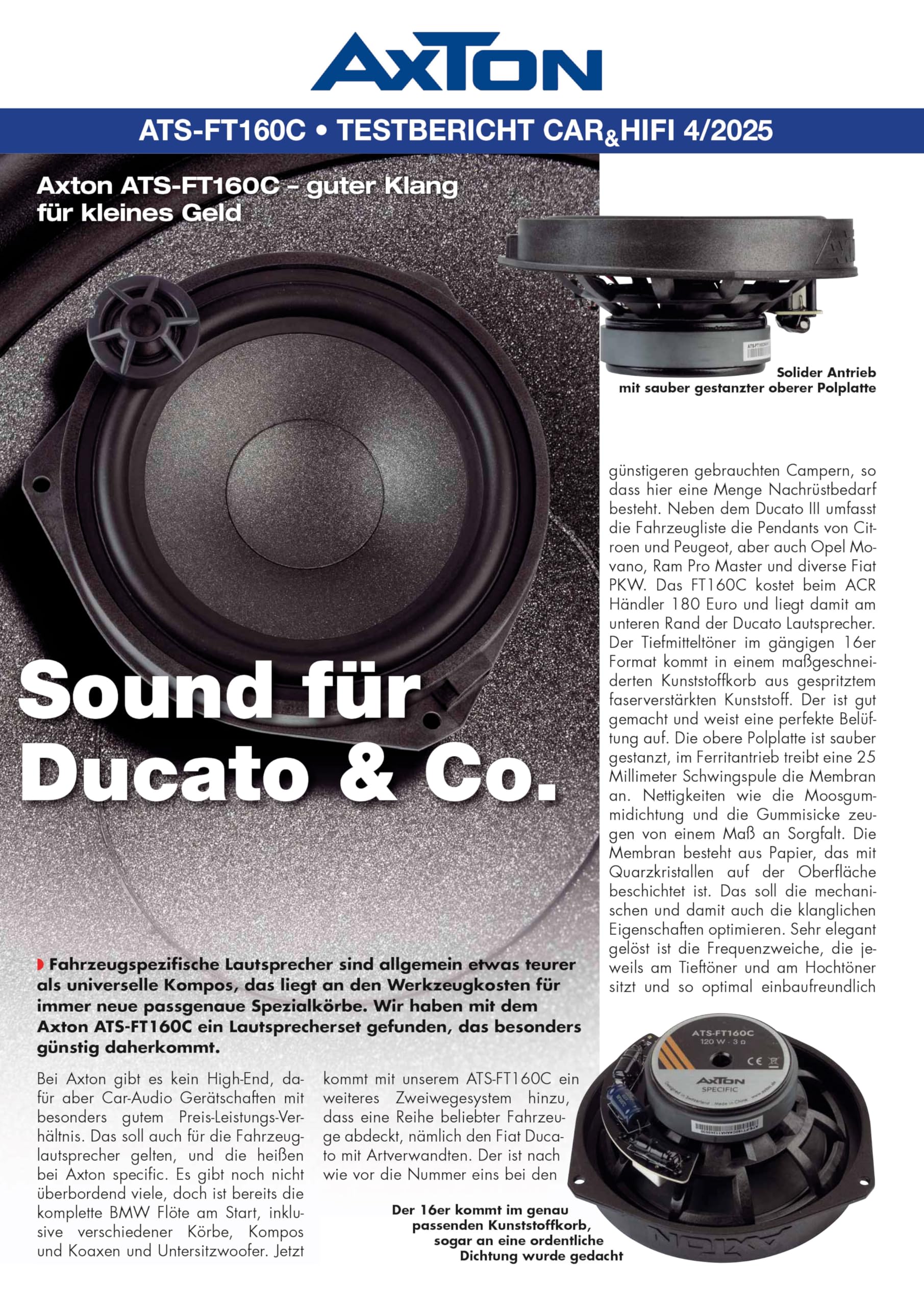 AXTON ATS-FT160C - Sistema di componenti a 2 vie, compatibile con veicoli Fiat Ducato, Plug & Play Front Car Speaker per porta da incasso, 80 W RMS, 1 coppia