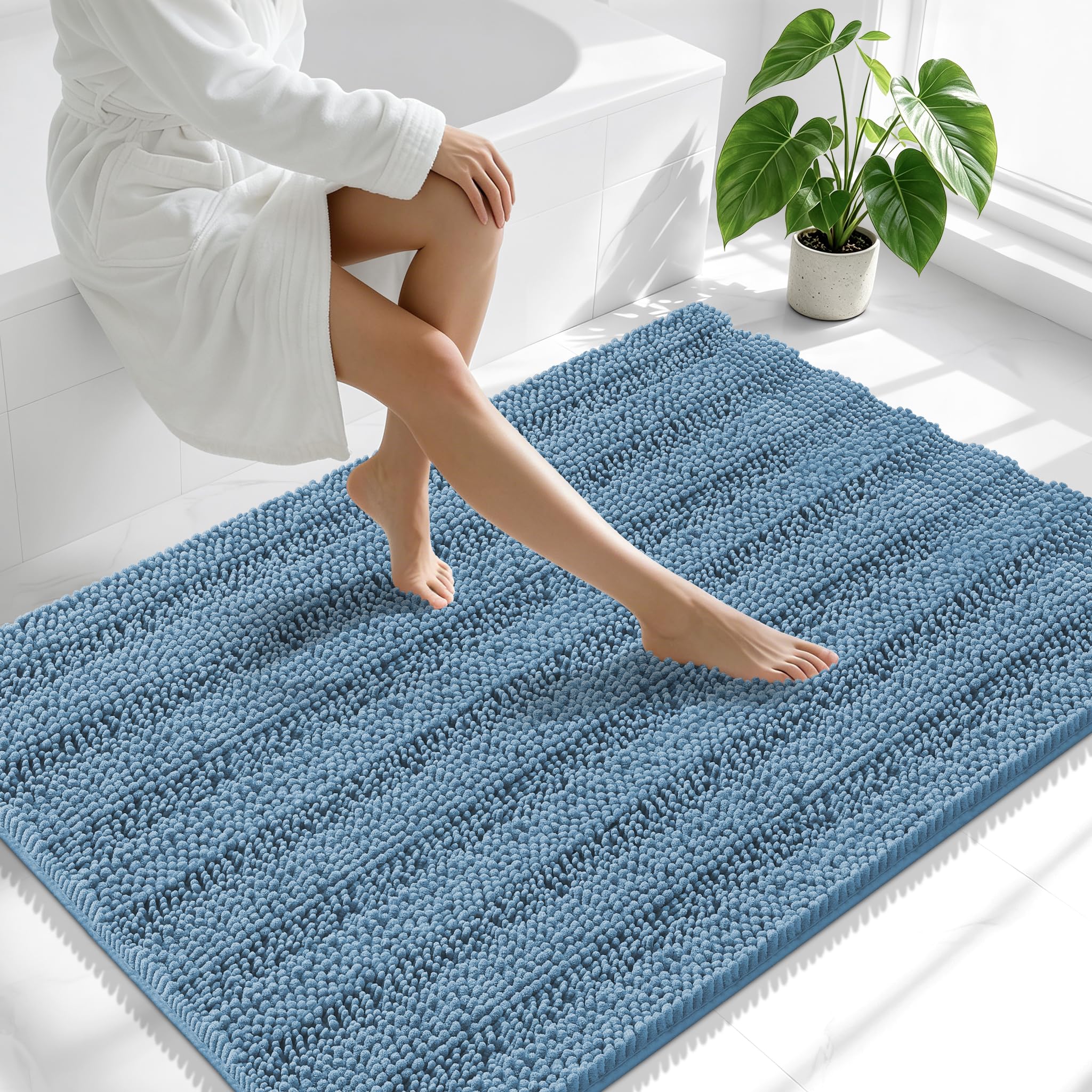 Smiry Thick Chenille Large Bathroom Runner Rugs 47x32, Bath Mat, Airy Blue