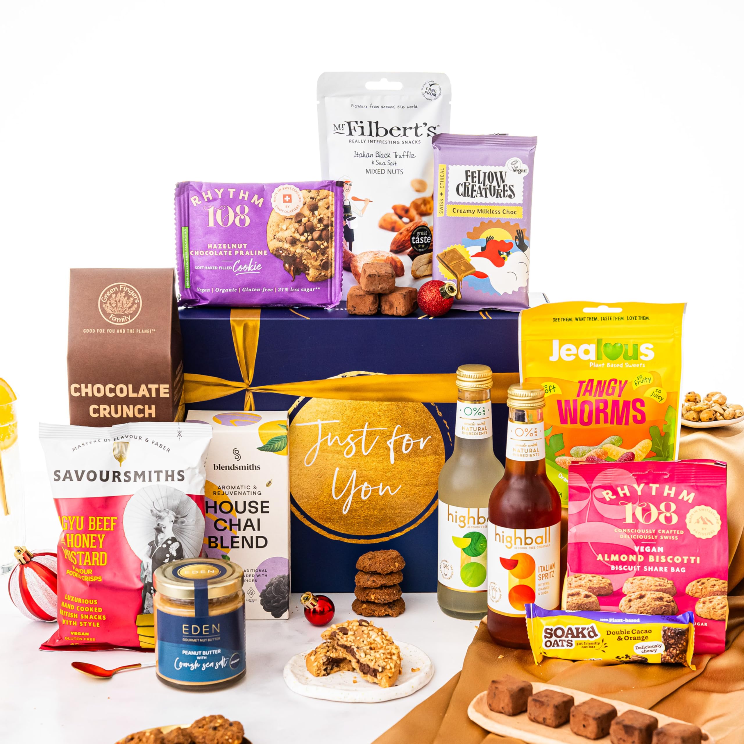Just Because Gift Hamper Basket, Luxury Gourmet Gifts for Women, Men or Couples, Dairy Free, Gluten Free and Vegan Chocolate by EDEN Treats - Includes 2 Mocktail