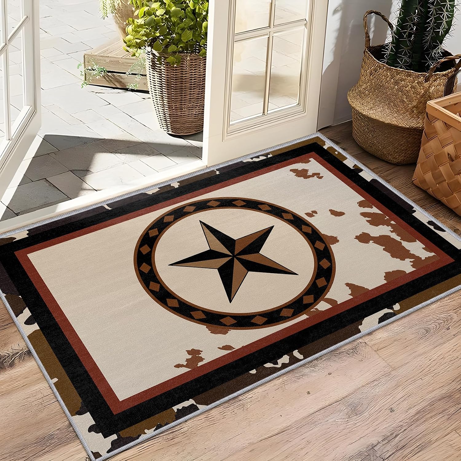 Western Rug 5x7 - Texas Star Rugs, 5x7 Rug, Vintage Cowhide Print Area Rugs, Cowboy Farmhouse Rustic Carpet, Washable & Non Slip & Soft Large Floor Mats Home Decor