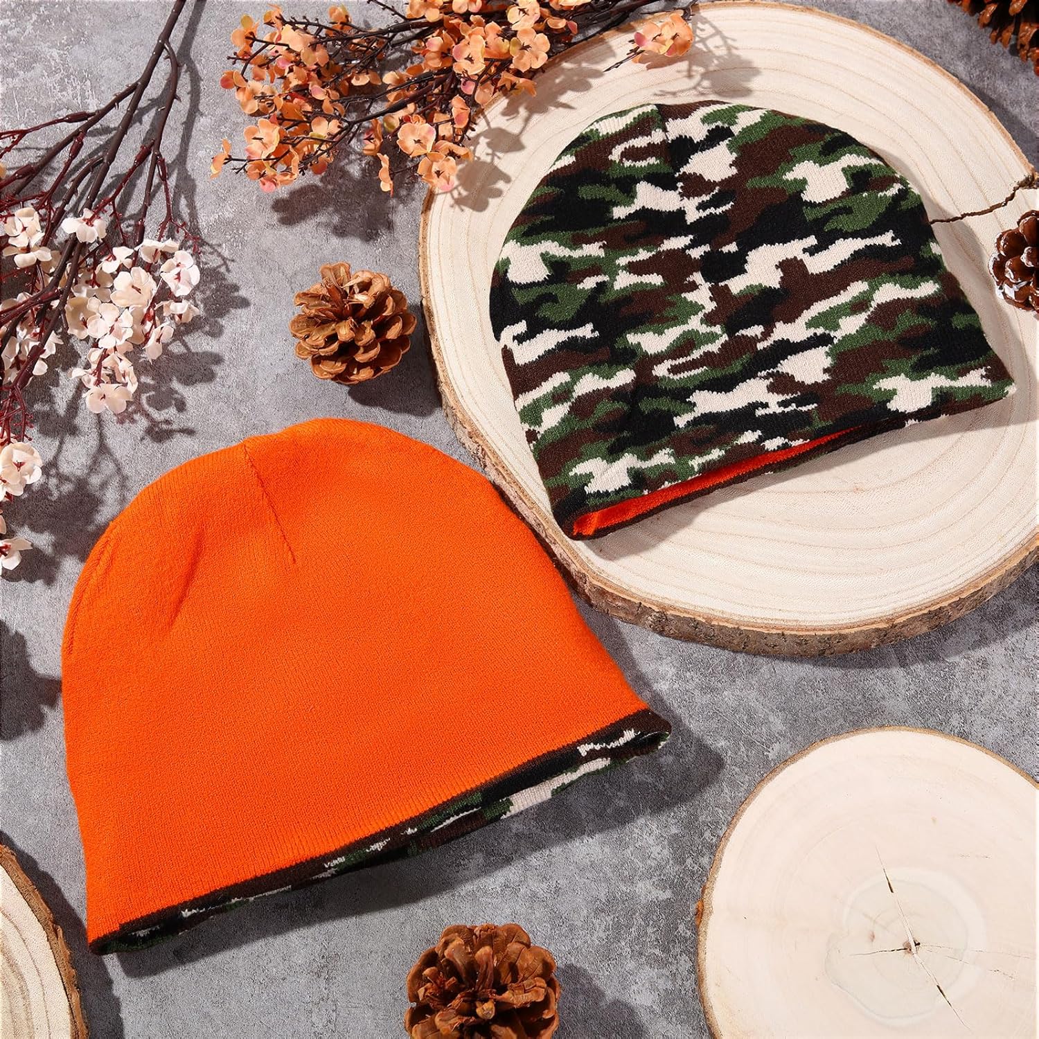 Shyyween Orange Camo Beanie, Double Sided Skull Hat Knit Reversible Cap for Hunting Camouflage Outdoor Men Women
