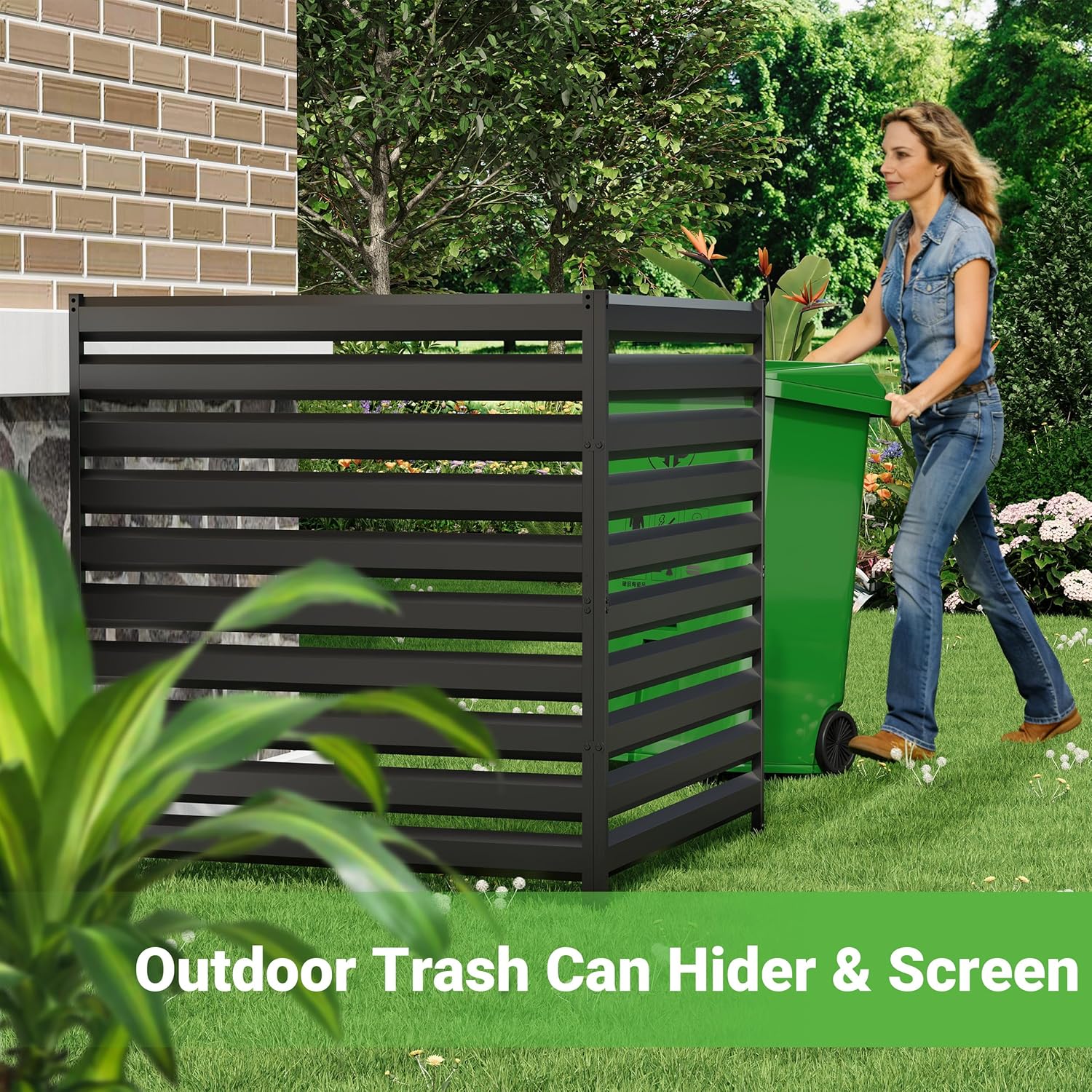 BESFUR 42" H x 38" W Metal Privacy Fence Panels for Outside, Air Conditioner Fence, Decorative Fence Panels for Patio Privacy, Trash Can Hider Outdoor, Pool Equipment Enclosure(Black/2 Panels)