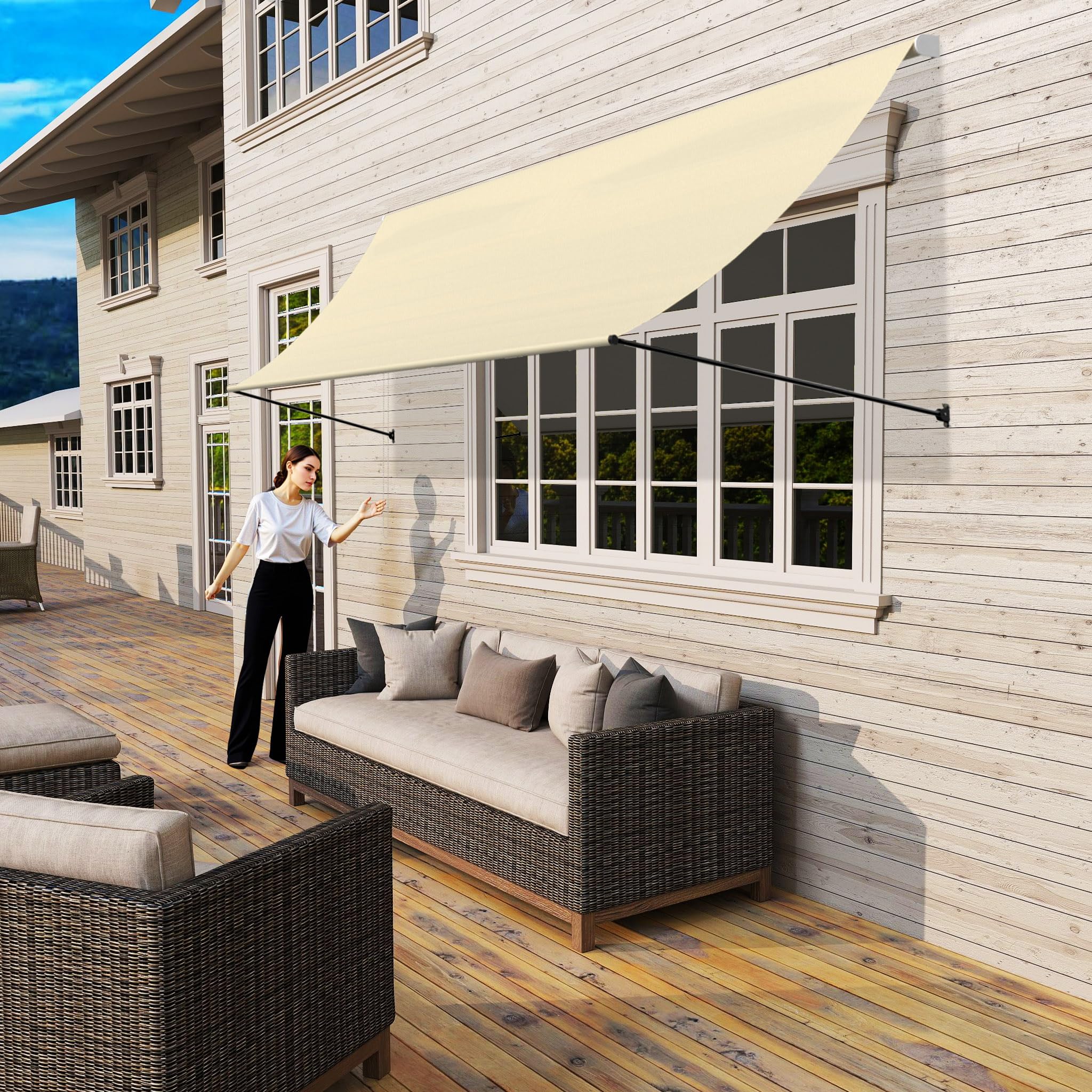 Aufun Tenda da sole retrattile, tenda da sole per finestra, con cordoncino e asta di supporto in alluminio, per terrazza, balcone, giardino, beige, 400 x 145 cm