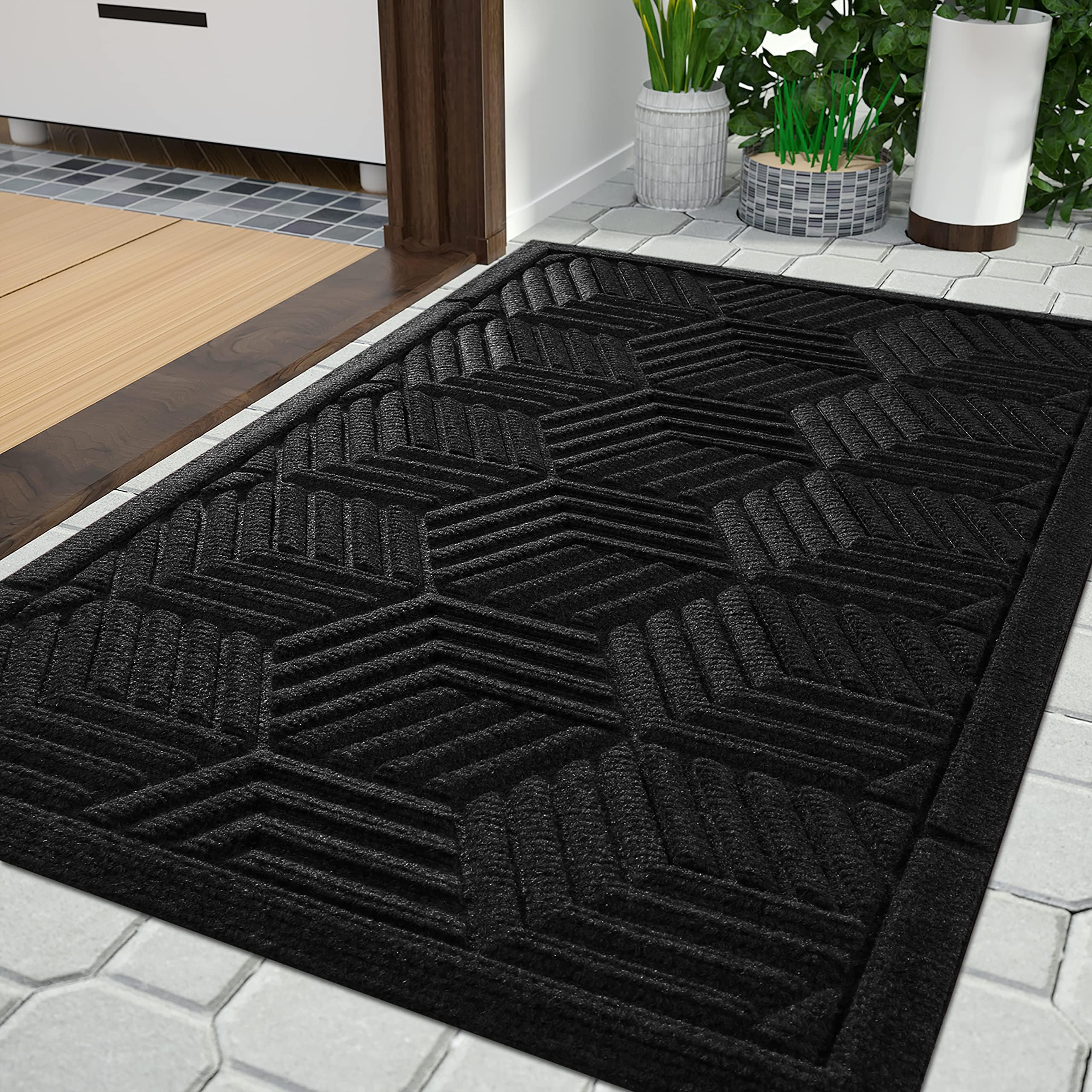 Yimobra Extra Large Door Mat 36x24, All-Season Waterproof Outdoor Mats for Front Door Entrance with Drainage Holes, Heavy Duty Non-Slip Doormat for Garage Patio Entryway Indoor, Black