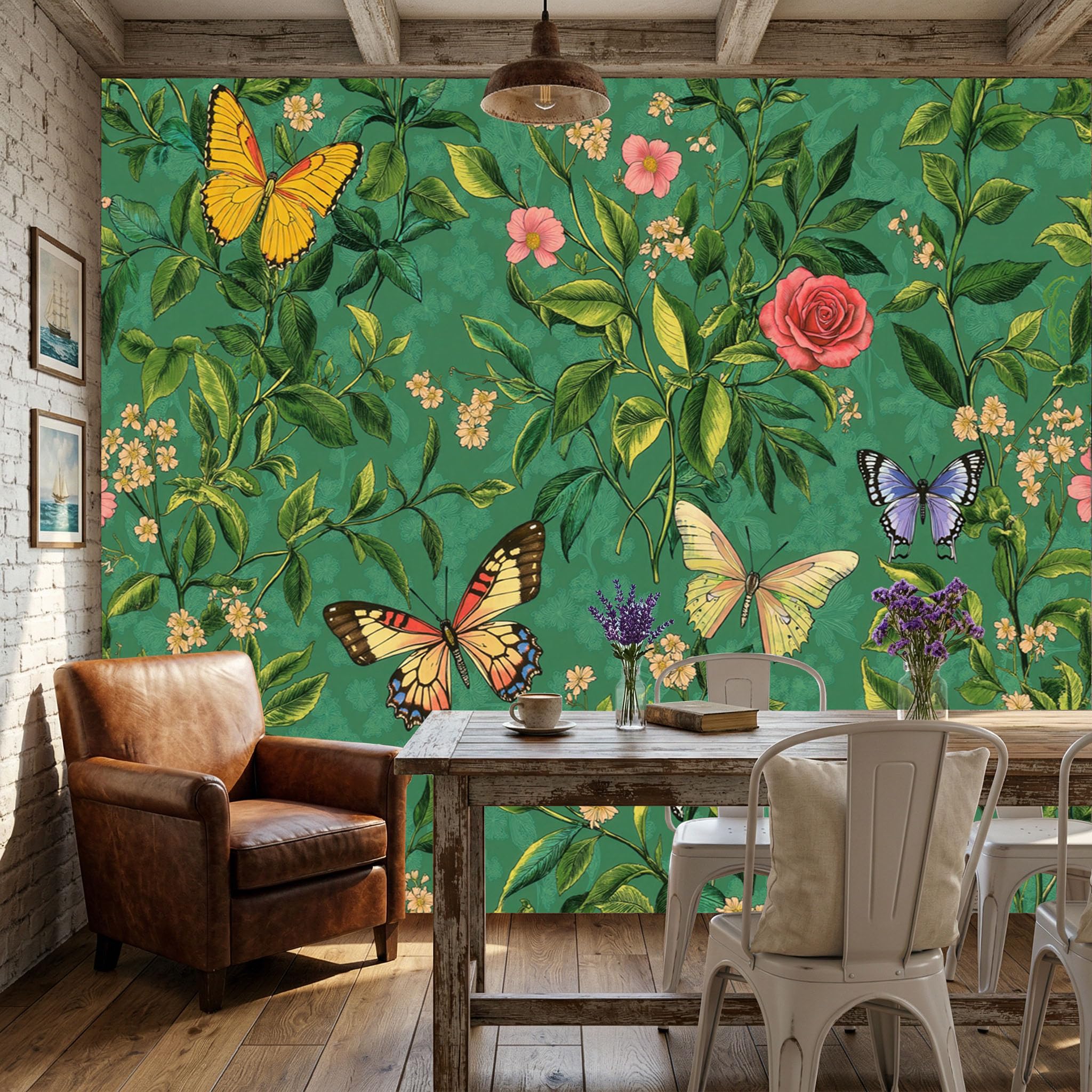 Papier peint intissé pour masquer un mur abîmé déco fleurs 3D vert foncé