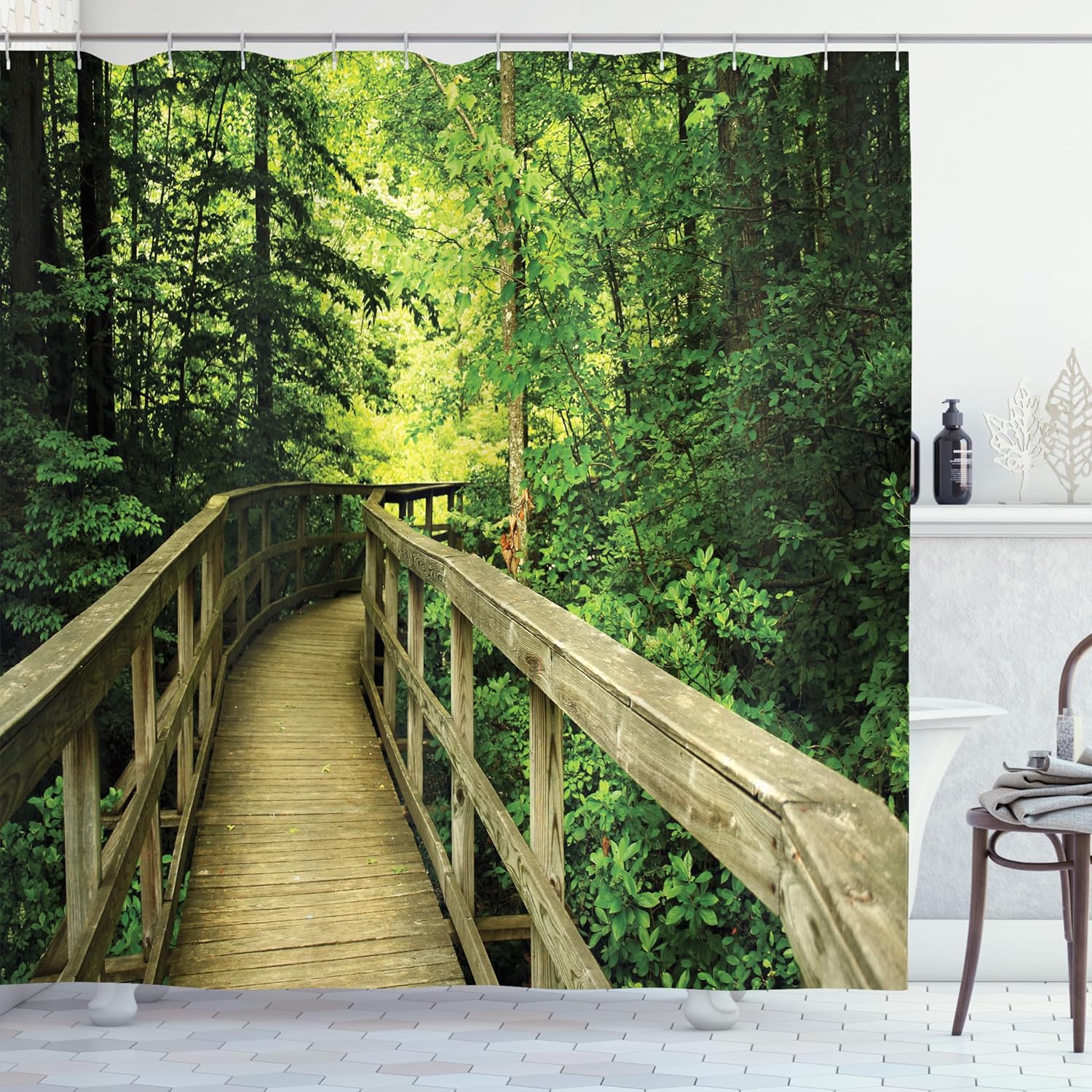 Ambesonne Nature Shower Curtain, Park Summertime Scenic View Environment Ecology Nature Holidays Adventure Scene, Cloth Fabric Bathroom Decor Set with Hooks, 69" W x 70" L, Khaki Green