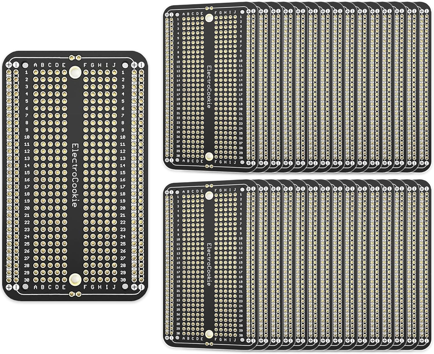 ElectroCookie PCB Prototype Board Solderable Breadboard for DIY Electronics, Compatible for Mini Arduino Soldering Projects, Gold-Plated (30 Pack, Black)