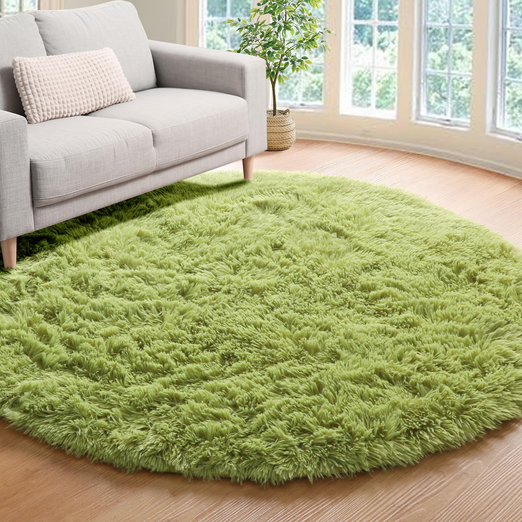 ONASAR Green 4x4 Feet Modern Round Area Rug - Soft & Affordable, Fluffy, Non Slip - Bedroom, Living Room, Nursery Room Decor