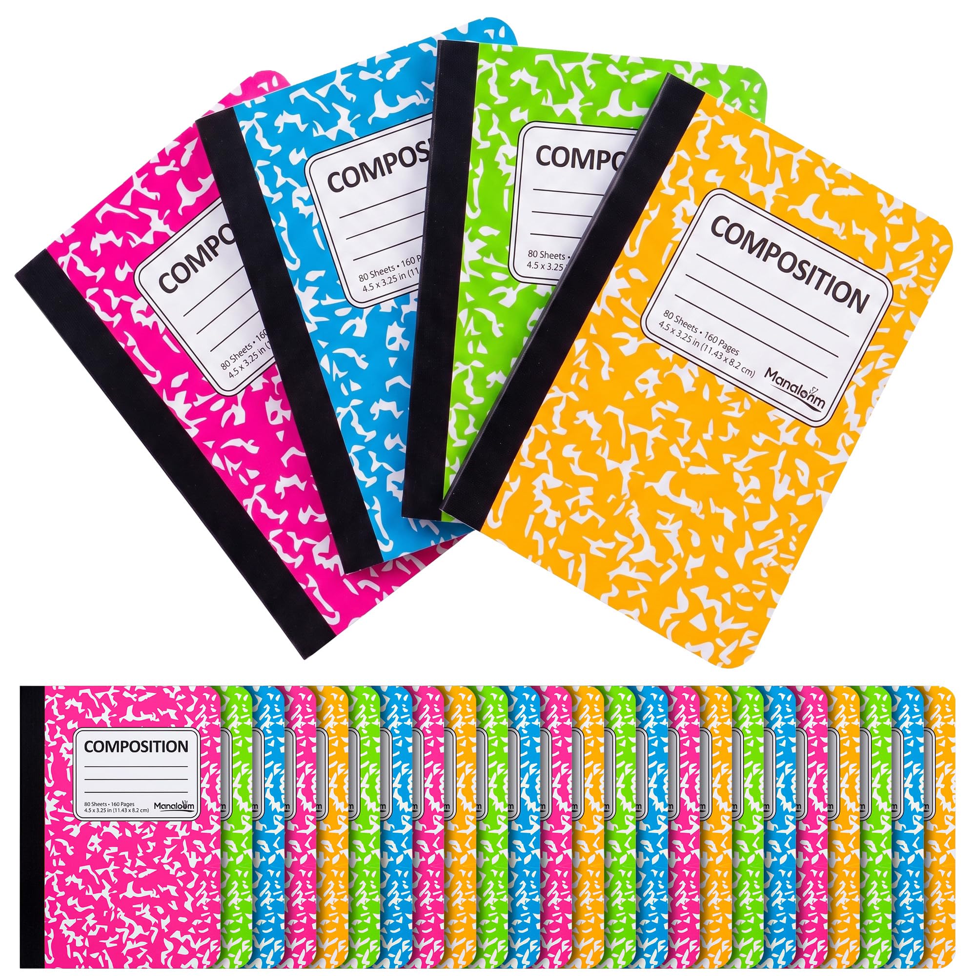Mini Composition Notebooks 12 Pack, Small Pocket Notebooks for Kids, Students, Nurses, Teachers & Office, 4.5 x 3.25 Inch Mini Marble Notebooks, 80 Sheets / 160 Pages Each, Bright Colors (24)