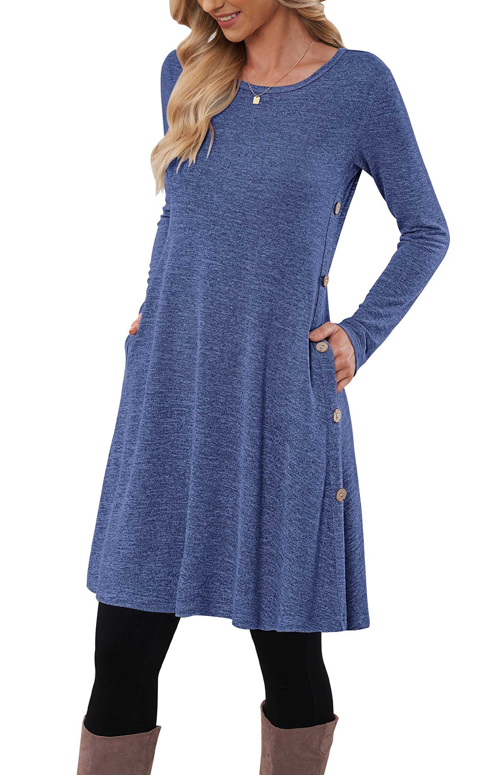 MOLERANI Jumper Dress for Women Long Sleeve Dress Ladies Button Casual Tunic Dress with Pockets Navy Blue Size 24 XXL