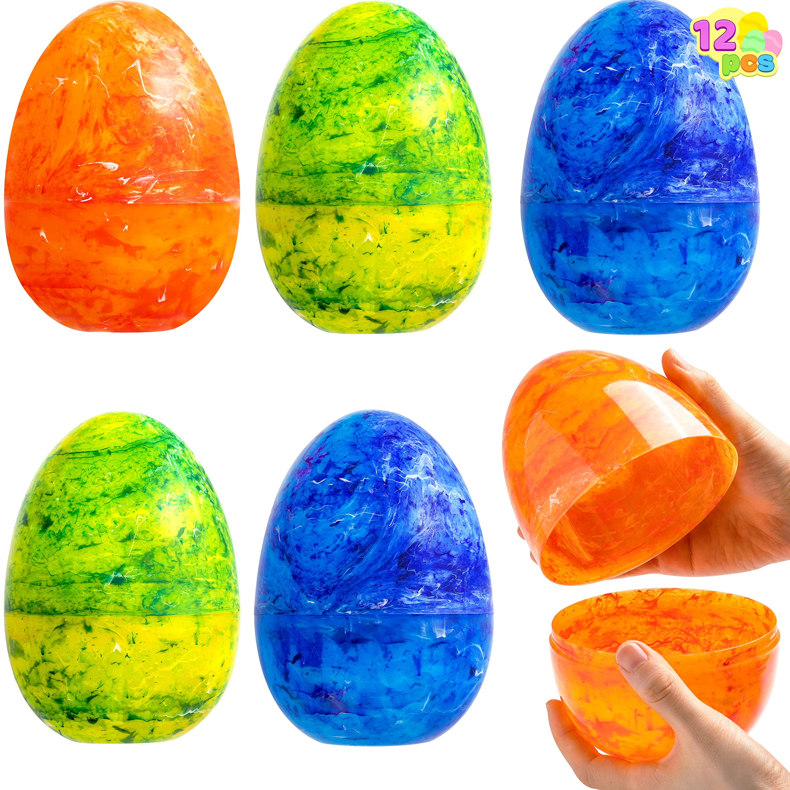 JOYIN 12 Pcs 6.3" Painted Jumbo Easter Egg Plastic Fillable, Easter Theme Party Favor, Marble Style Easter Eggs Hunt, Basket Stuffers Filler, Classroom Prize Supplies
