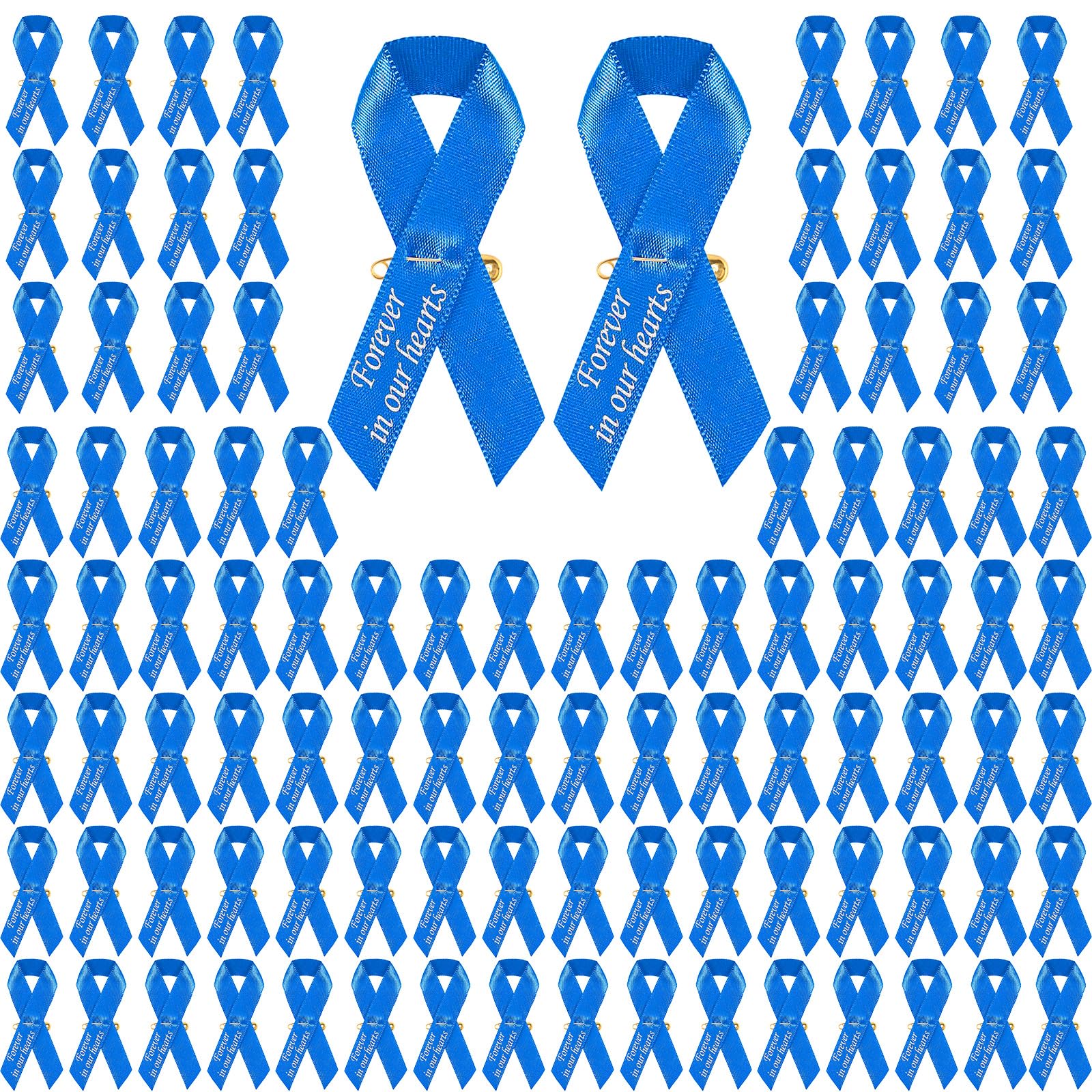100 Pcs Memorial Ribbon Pins, Funeral Ribbon Memorial Service in Forever Loved Never Forgotten, Ribbons for Funeral Mourning Bereavement Remembrance Day Event Supplies (Blue)