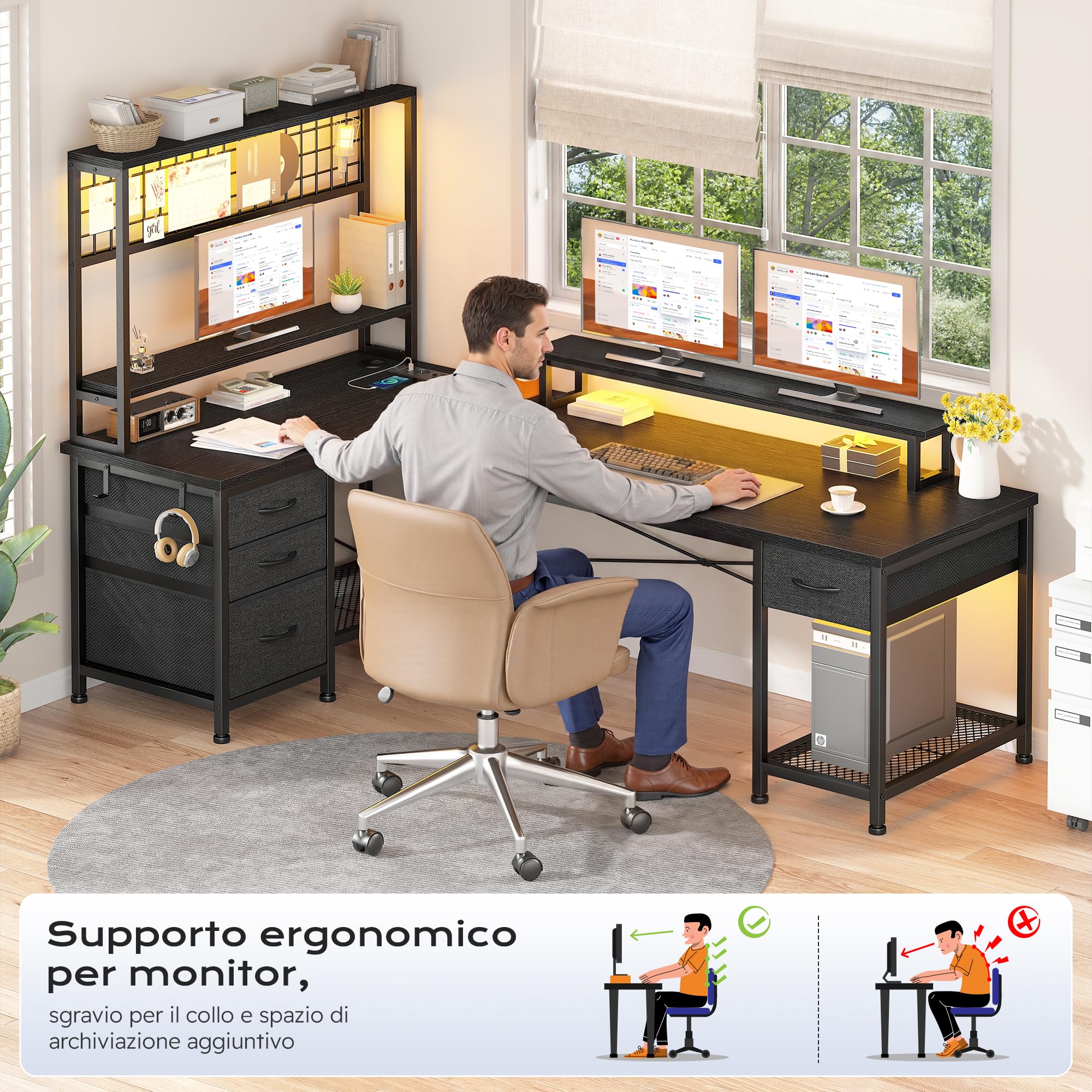 140x100cm Forma a L Gaming Scrivania con Libreria, LED per Lavorare