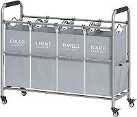 Vista 10 de Tajsoon Carrito clasificador de ropa sucia de 4 bolsas, clasificador de cestas de lavandería de 4 secciones con ruedas enrollables resistentes