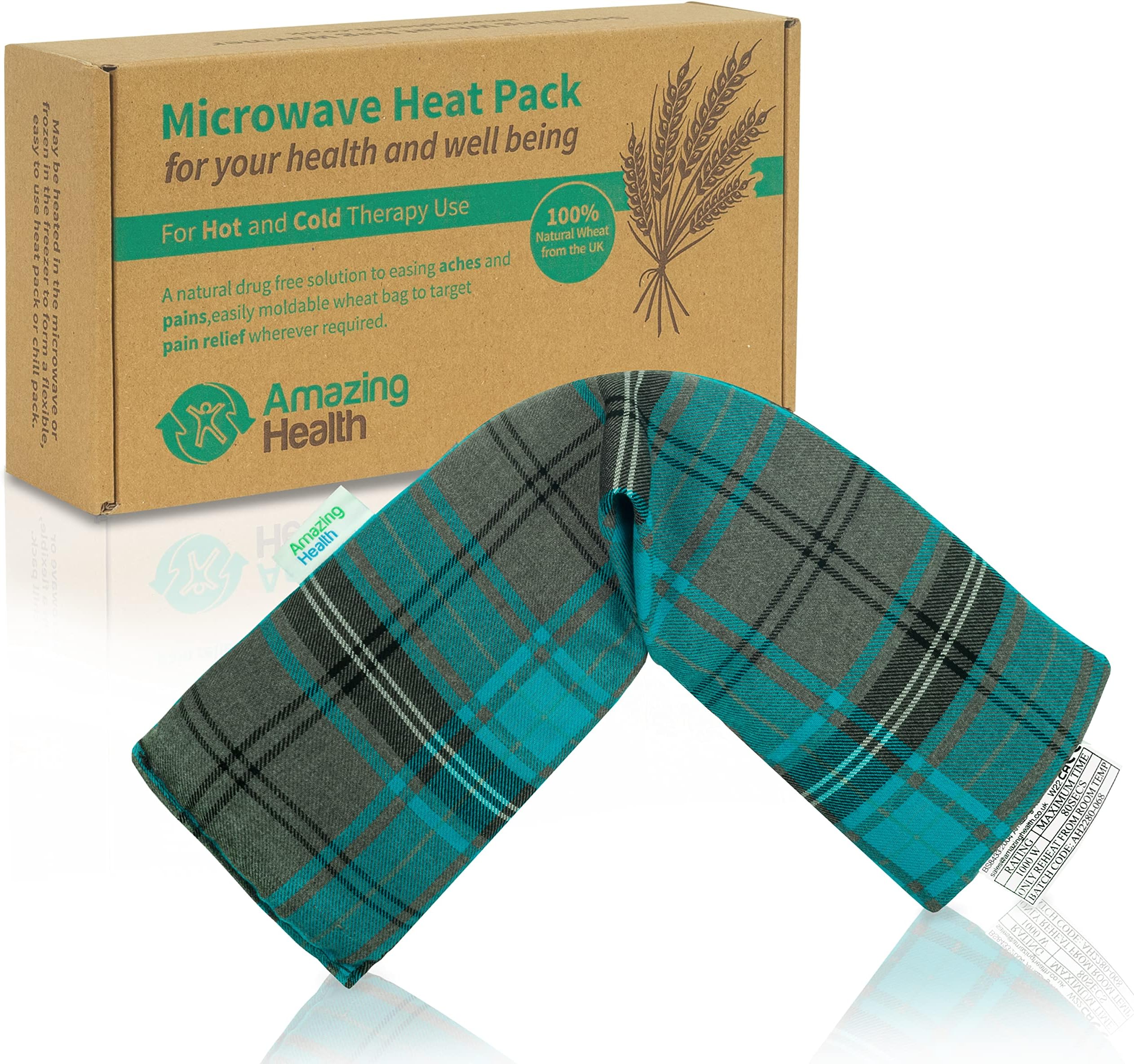 Heat Pack Cotton Tartan Microwave Wheat Bag 46cm Long (Unscented, Turquoise)