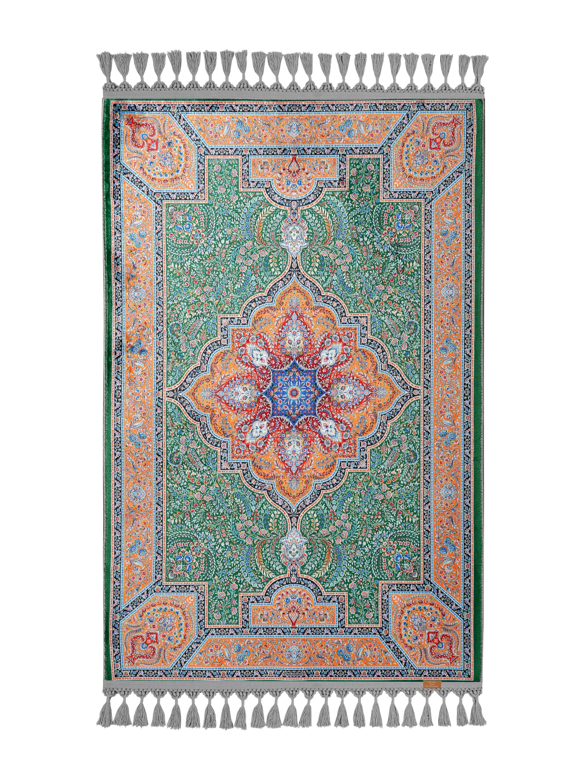 Tapis de prière vert et orange idéal pour aménager un espace de recueillement serein