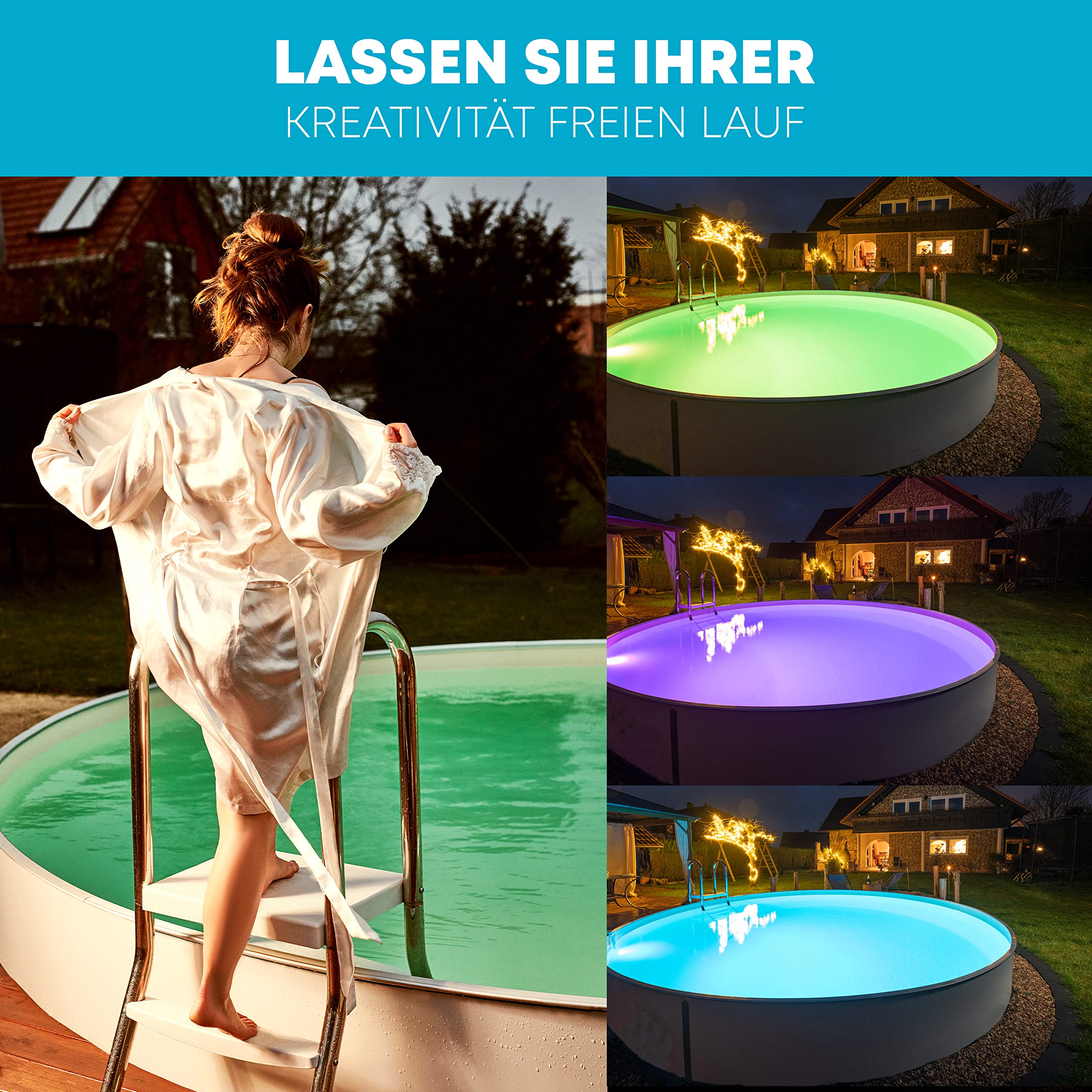 LED Einhänge Scheinwerfer 8 Watt / 12 Volt / 360 Lumen/RGB | 6 Verschiedene Farbmodi | 7 m Kabel | steckerfertig montiert | Pool Schwimmbad Beleuchtung | Stahlwandpools
