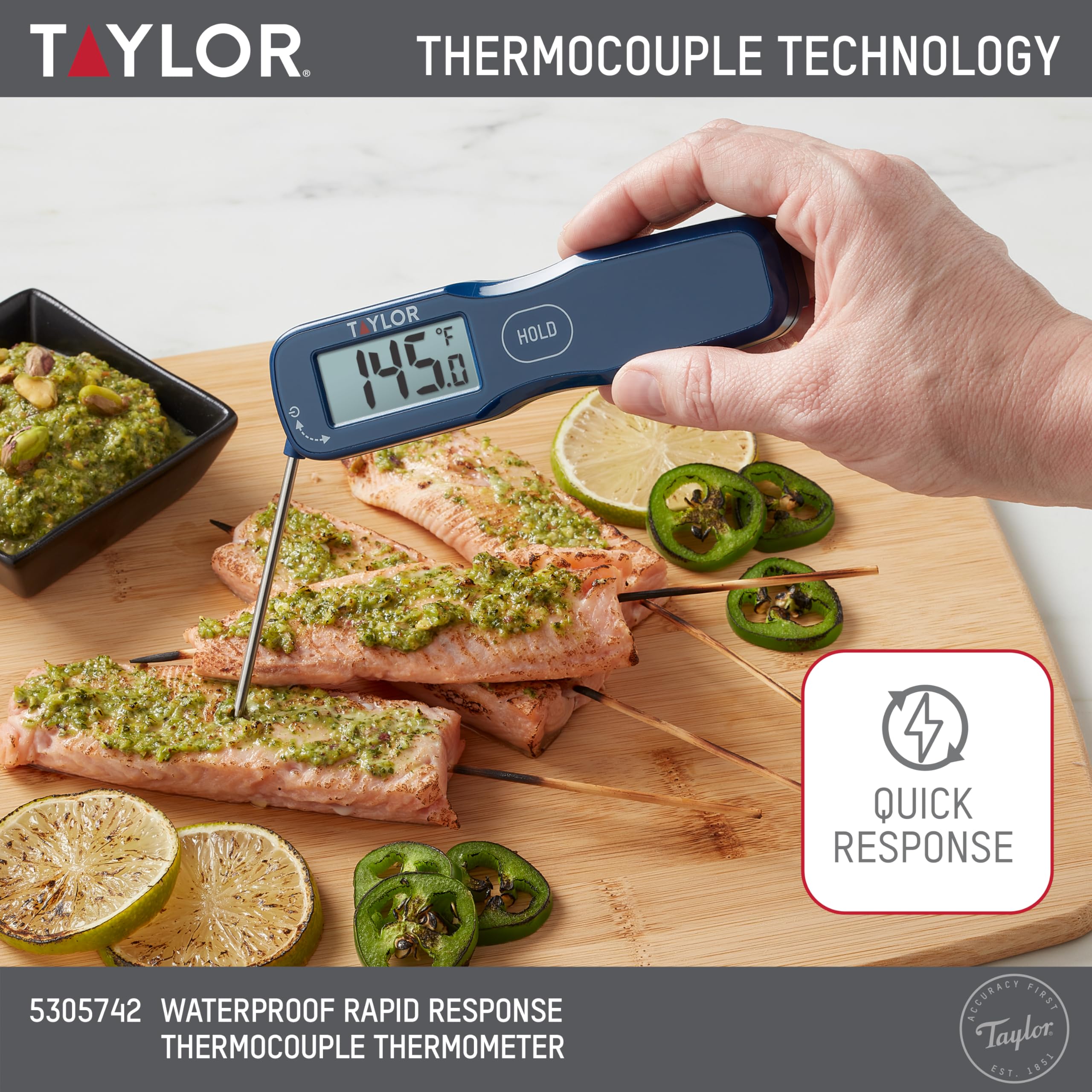 Taylor Termómetro digital impermeable de respuesta rápida plegable para alimentos, termómetro de lectura instantánea para carne, barbacoa, cocina y cocina, color azul