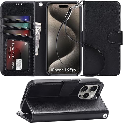 Miniatura 151 de Arae Compatible with iPhone 15 Case with Card Holder and Wrist Strap Wallet Flip Cover for iPhone 15 6.1 inch,Wine Red