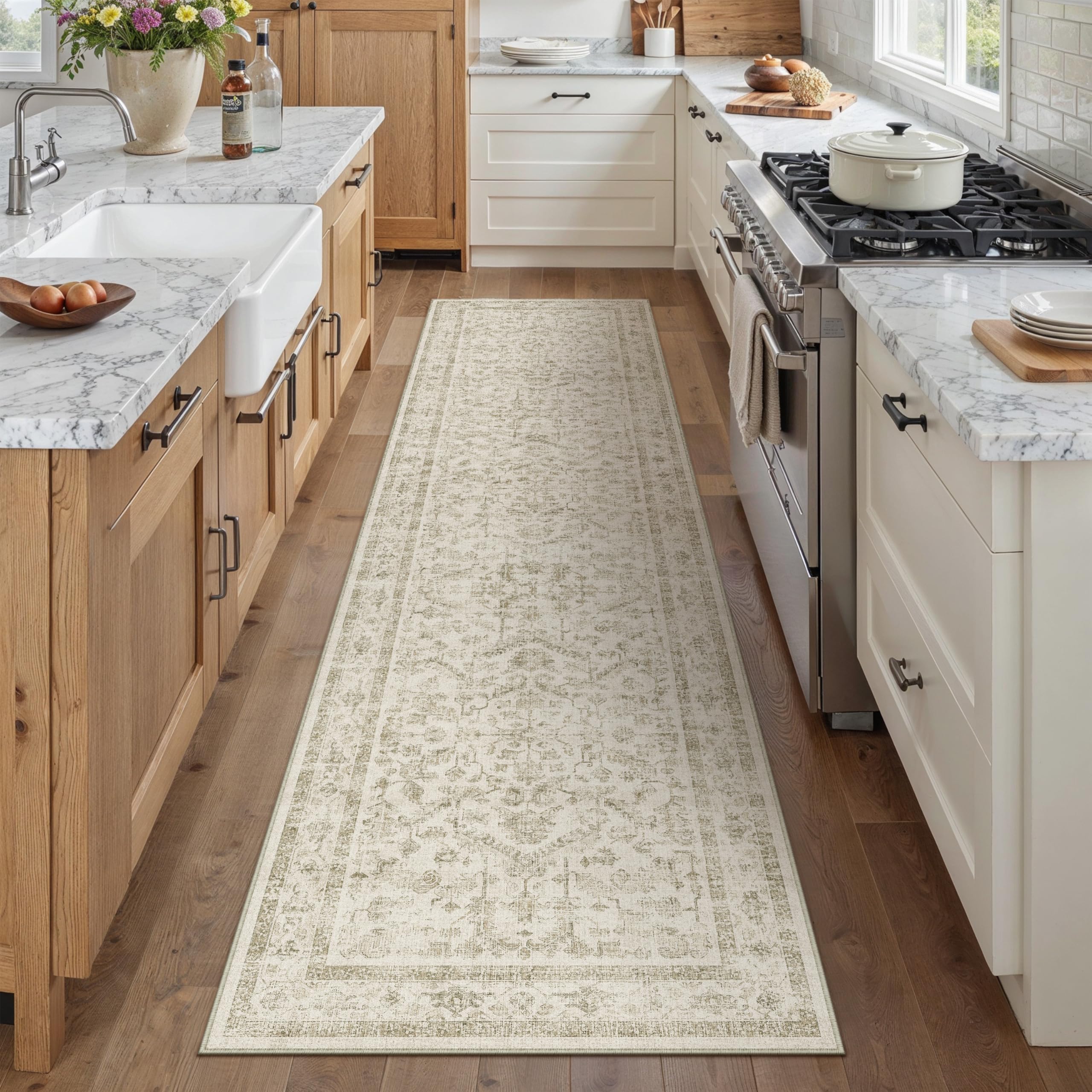 PureCozy Vintage Washable Beige Hallway Runner Rug 60x240cm Hall Runner Long Area Rugs Non Slip Soft Carpet Kitchen Bedroom Bedside Dining Room Office Indoor Low Pile Carpets - Image 3
