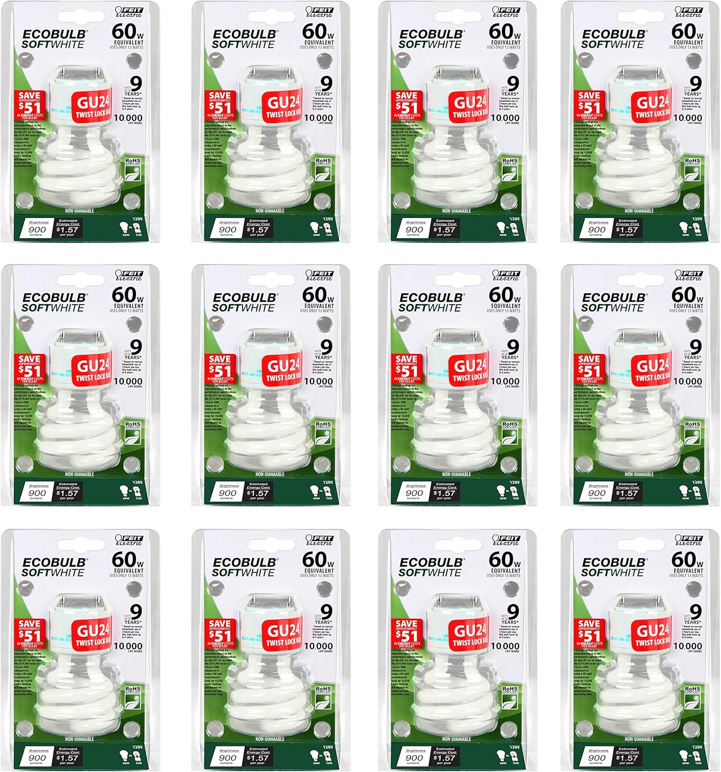 Black Friday - 40% OFF Feit Electric BPESL13T/GU24 900 Lumen Soft White Mini Twist GU24 CFL, Uses Up To 78% Less Energy, Compact Fluorescent, Average Life Up To 10000 Hours, Pack of 12 50% Off Discount Feit Electric BPESL13T/GU24 900 Lumen Soft White Mini Twist GU24 CFL, Uses Up To 78% Less Energy, Compact Fluorescent, Average Life Up To 10000 Hours, Pack of 12