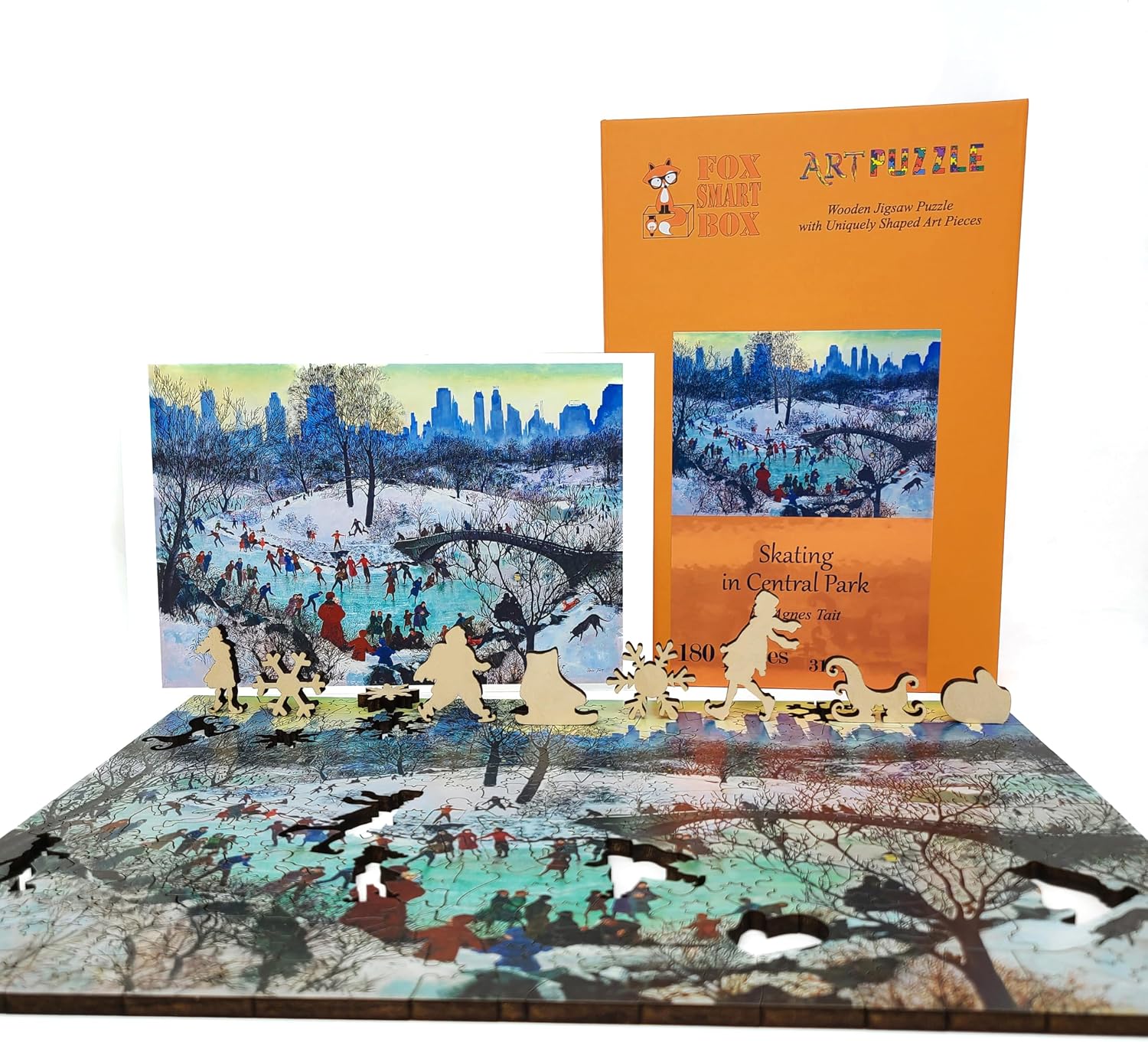 Large Format Wooden Puzzle for Adults and Seniors - Large Pieces Puzzle - Uniquely Shaped Pieces - Made in The USA by FoxSmartBox - 180 Pieces - Skating in Central Park