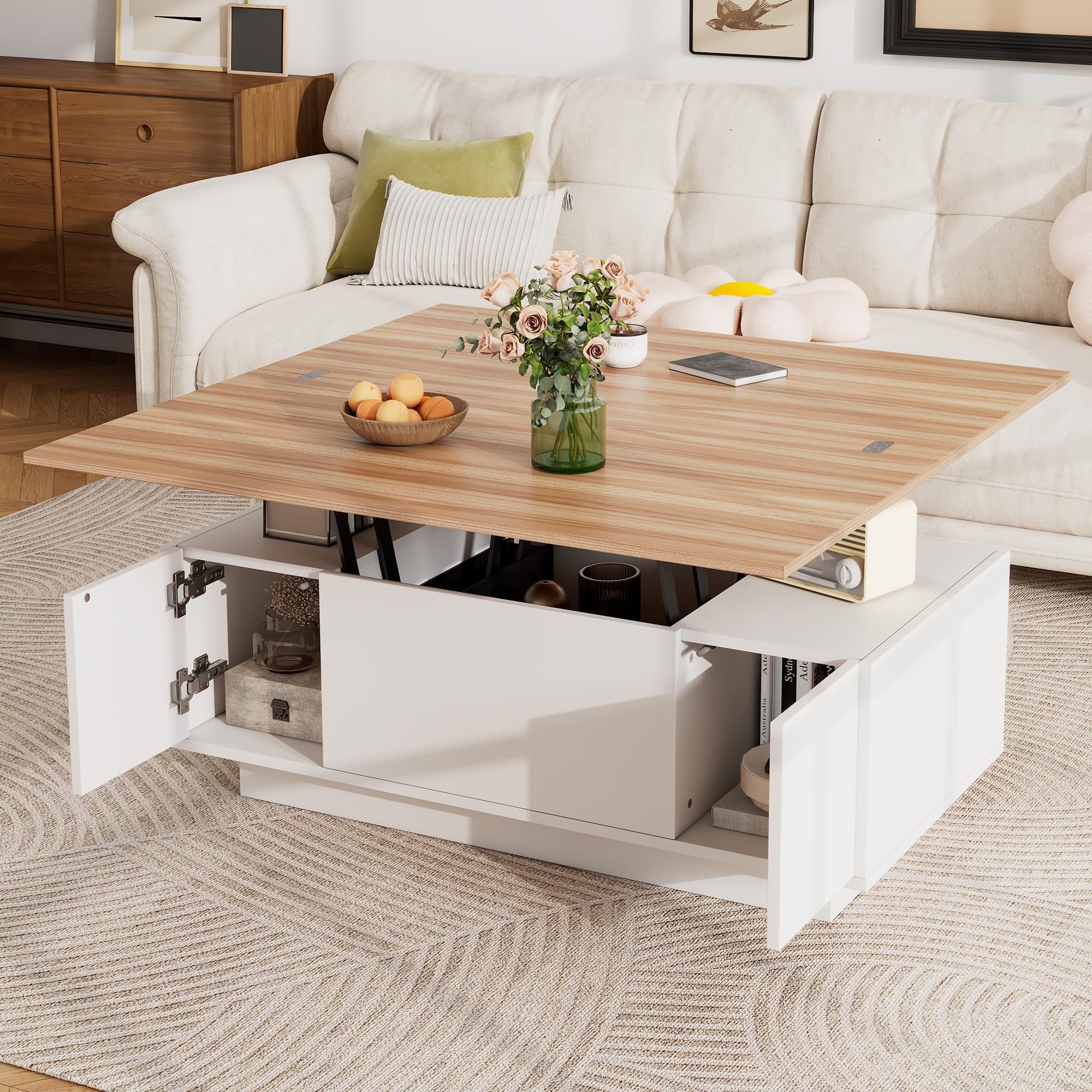 Soweiz Mesa de centro moderna con mecanismo de elevación doble, mesa de centro ajustable en altura, con espacio de almacenamiento oculto – Carga máxima de 50 kg, 100x50x55.5 cm (Blanco + color madera)