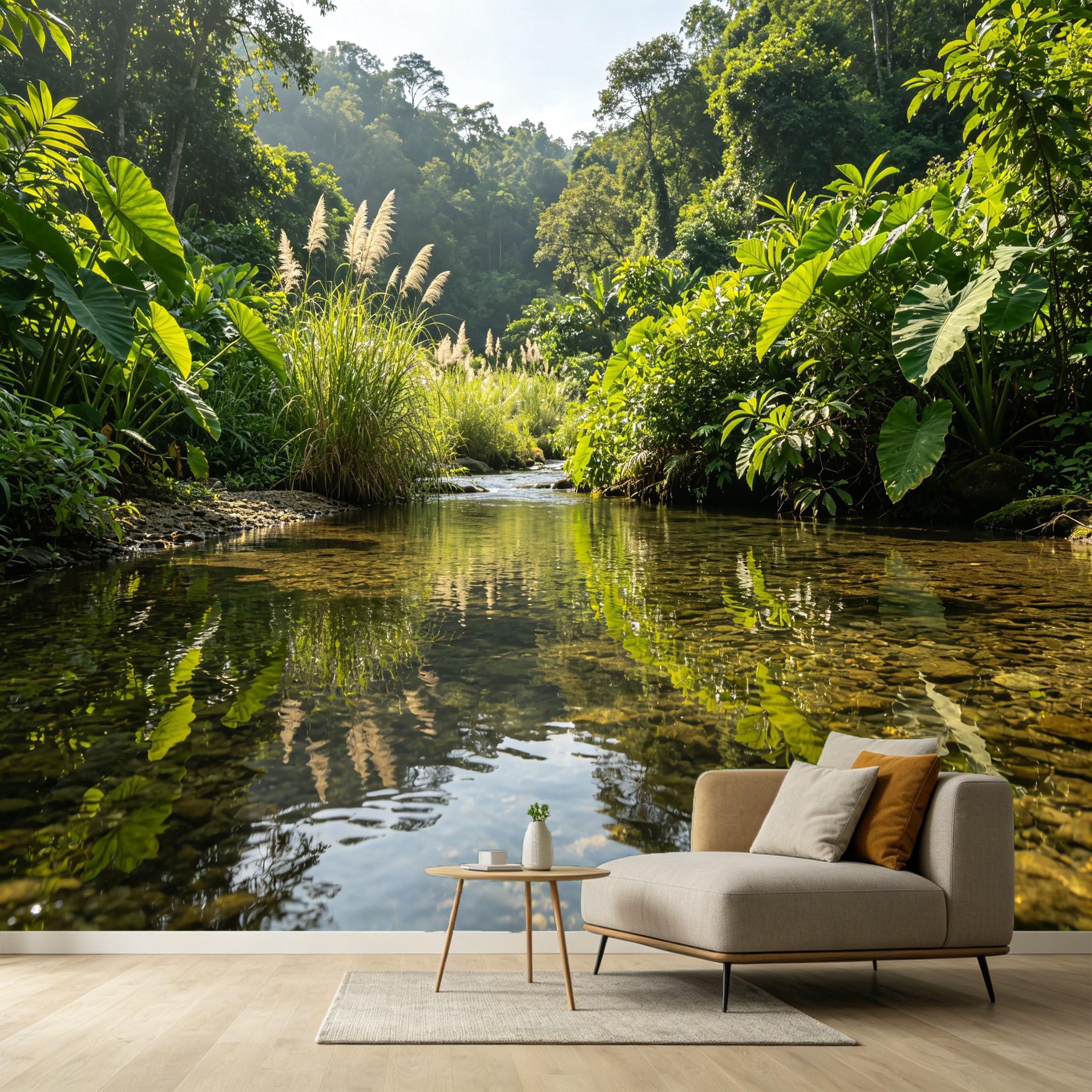 Custom Size Wall Murals Tropical Jungle Landscape River Palm Leaves Self-Adhesive Wall Fabric Removable Wallpaper Wall for Living Room Bedroom Office Decor