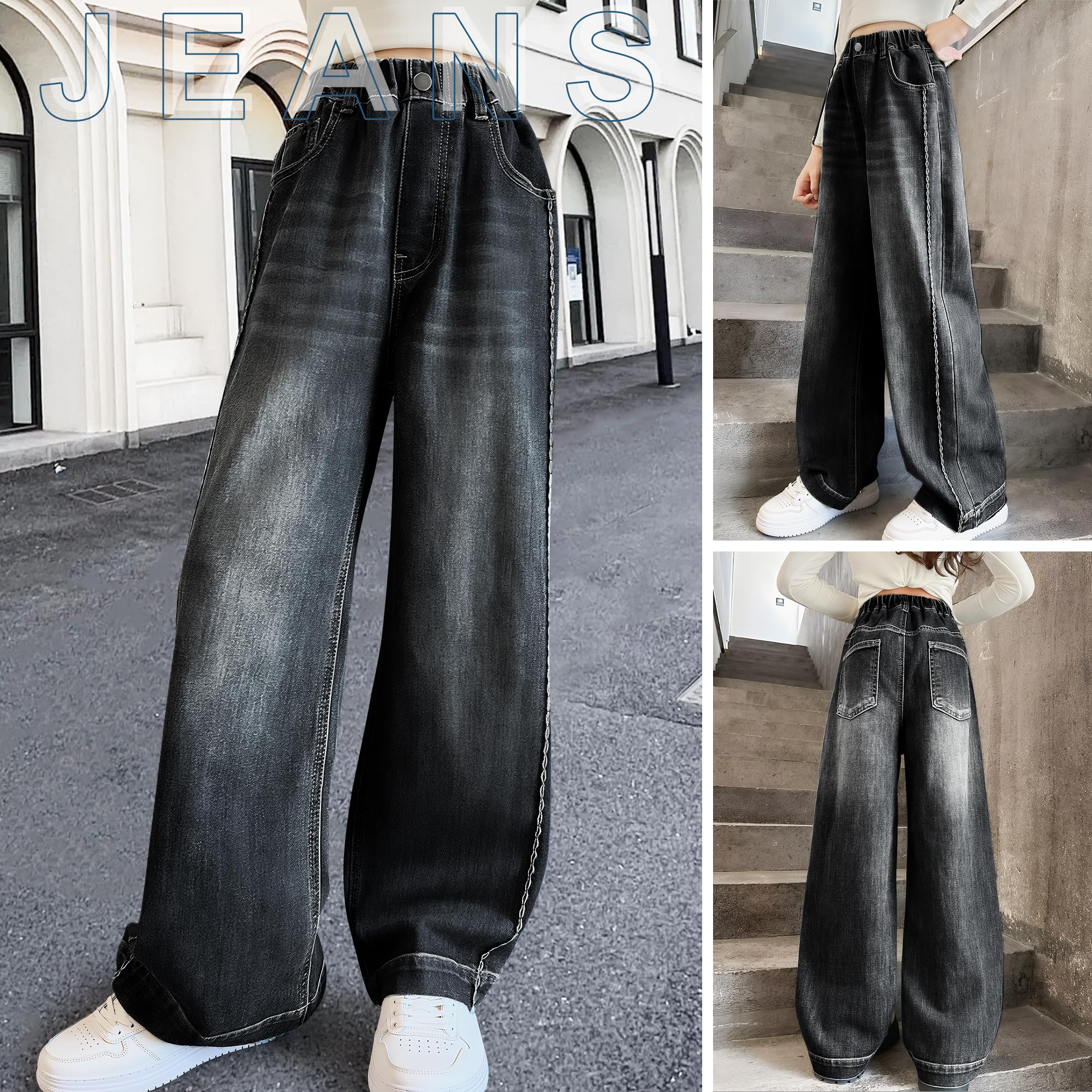 Jeans pour Filles Baggy Denim Pantalon Long avec Haute Taille Élastique, Loose Fit Doux Mode Casual Polyvalent Enfants Vetement Décontracté Ado Streetwear pour 7-14 Ans